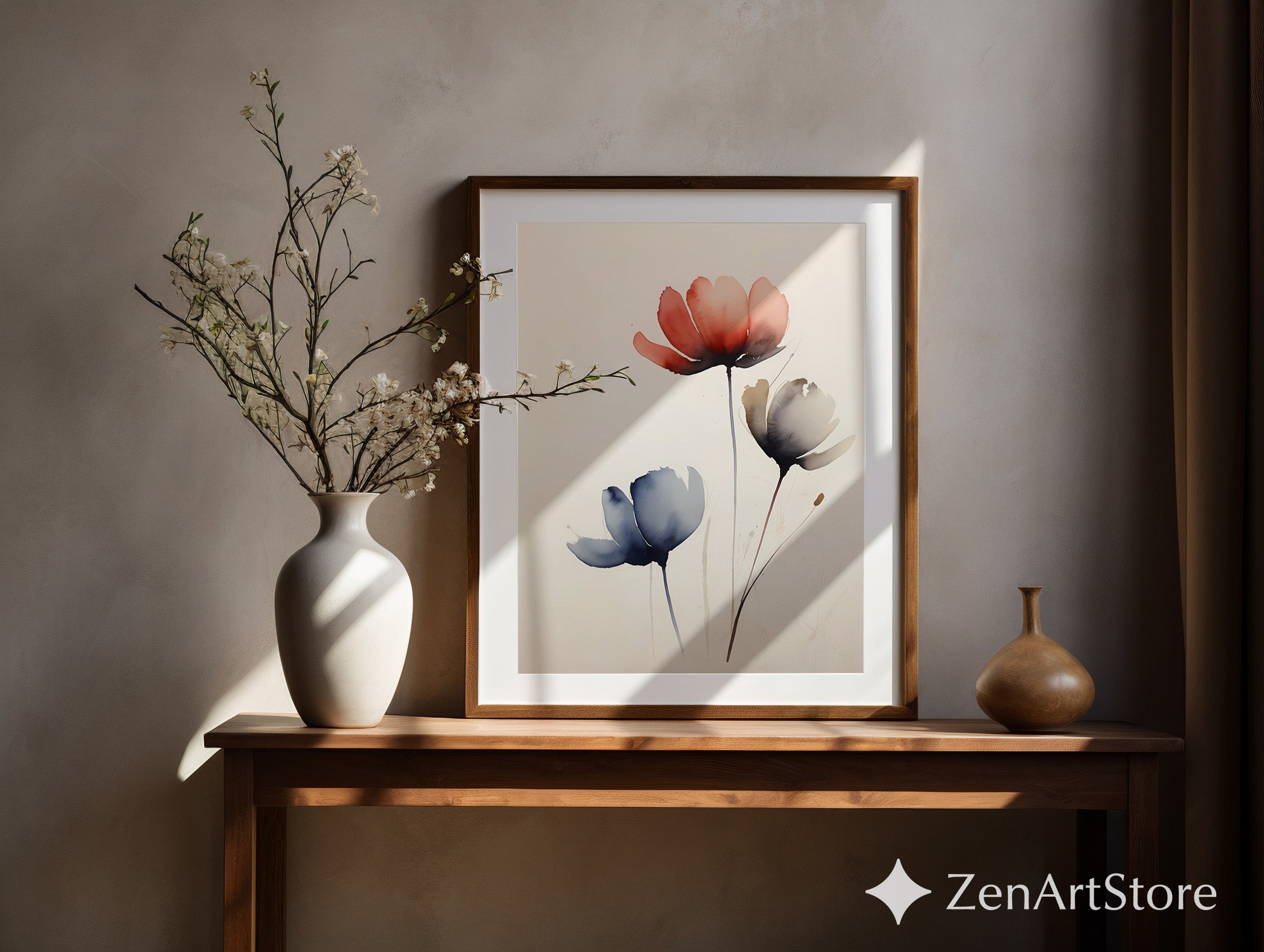 Minimal Watercolor Flower Print - Zen Botanical Wall Art, Neutral Floral Abstract for Japandi, Scandinavian & Modern Home Decor