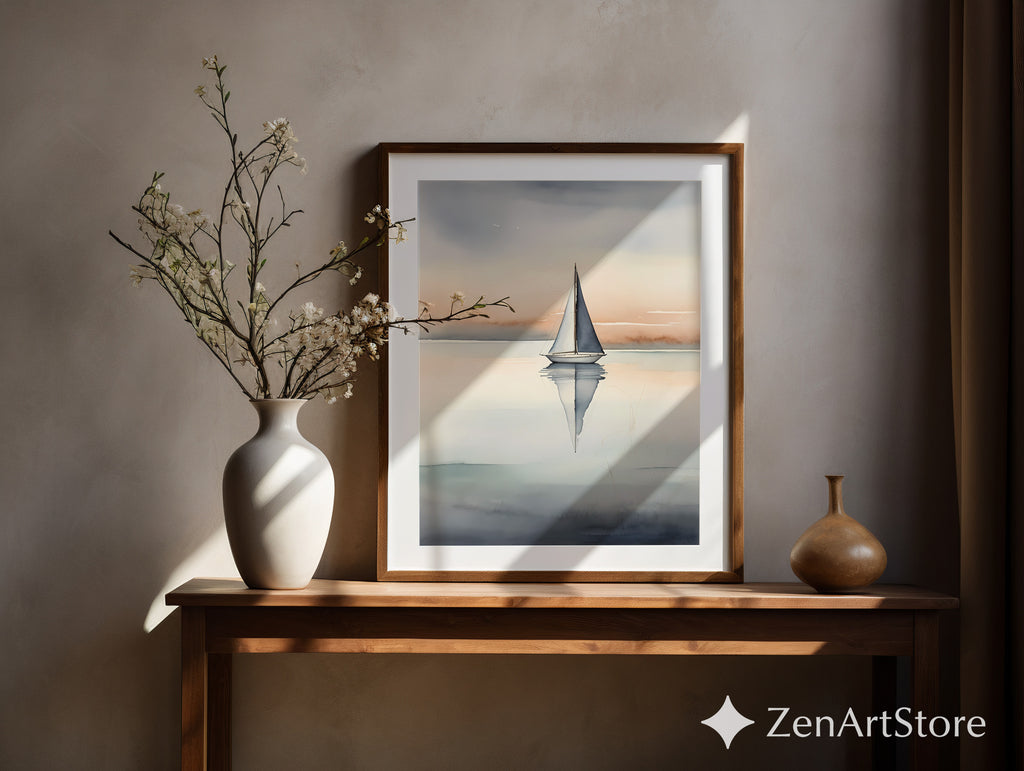Minimal Sailboat Wall Art - Calm Coastal Watercolor Print, Scandinavian Japandi Neutral Seascape for Living Room & Bedroom