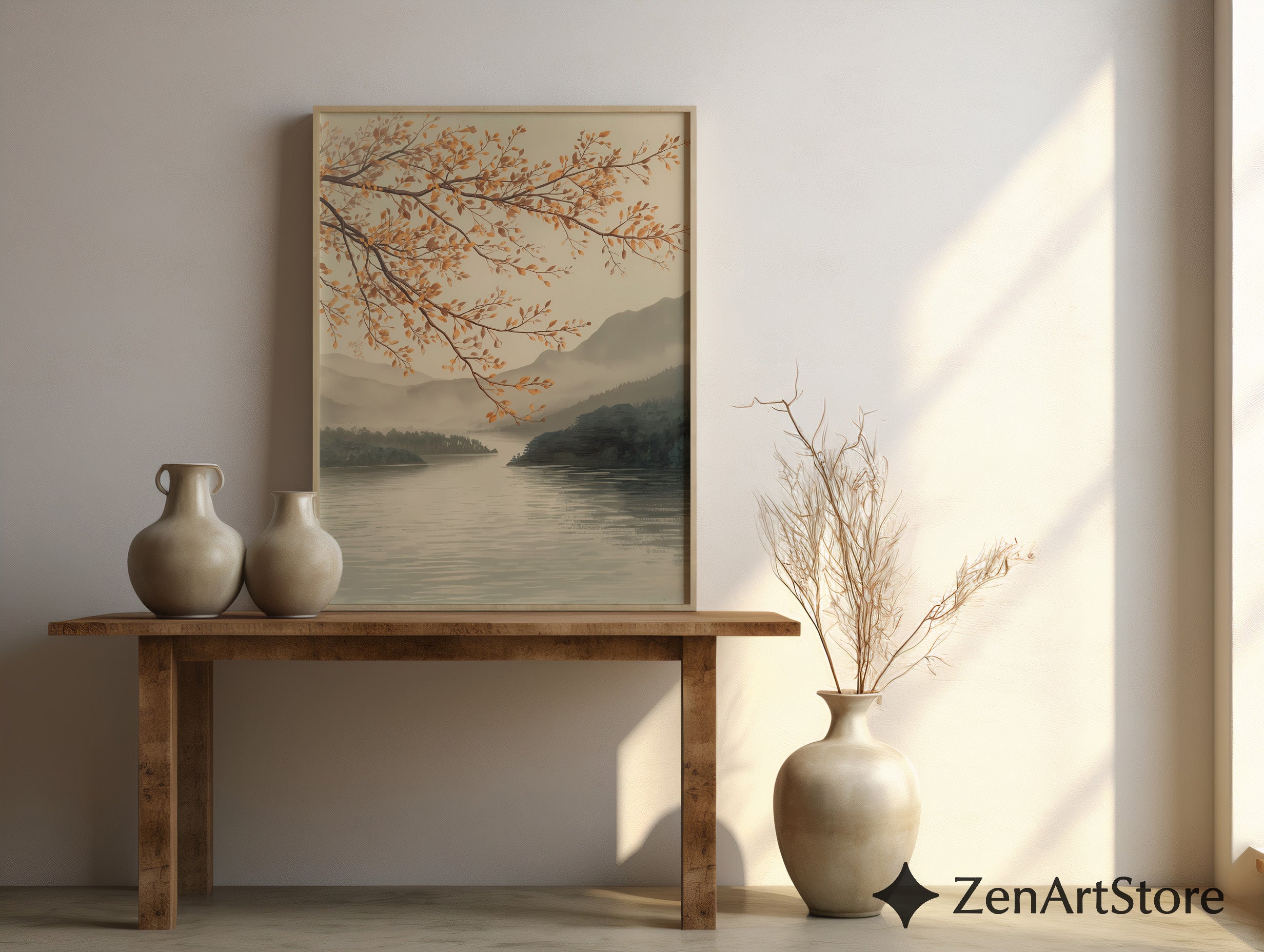 Autumn Lake Branch Wall Art - Neutral Japandi Landscape Print Minimal Zen Botanical Home Decor