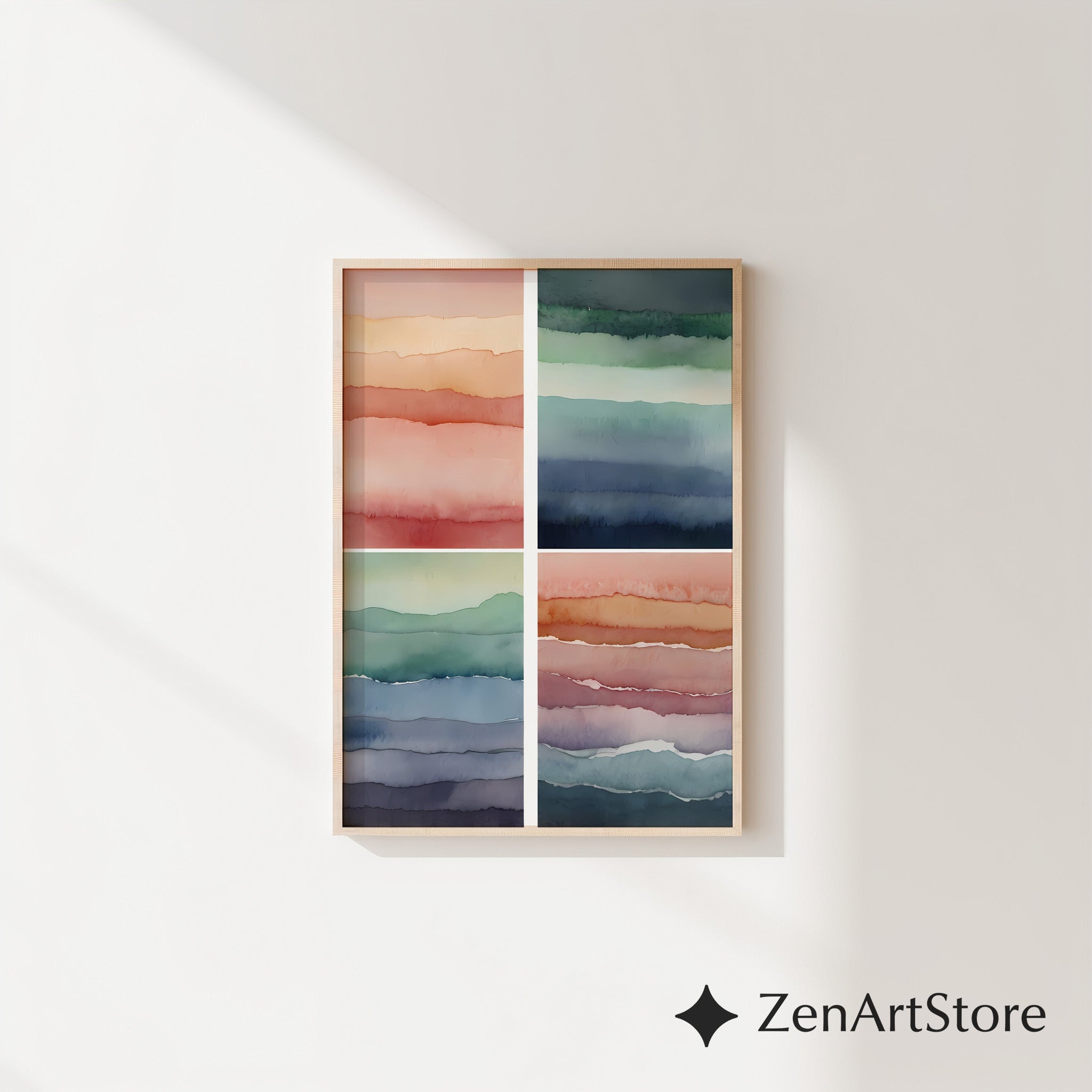Abstract Watercolor Wall Art Set of 4 – Minimal Layered Landscapes, Neutral Japandi Boho Prints for Living Room & Bedroom, Printable Digital Download