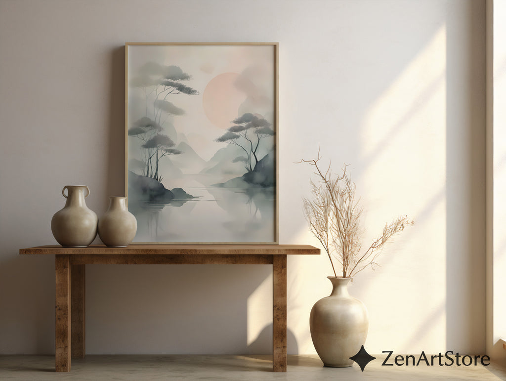 Misty Zen Landscape Print - Minimal Japandi Wall Art with Blush Sun and Tree Reflections - Wabi Sabi Neutral Home Decor