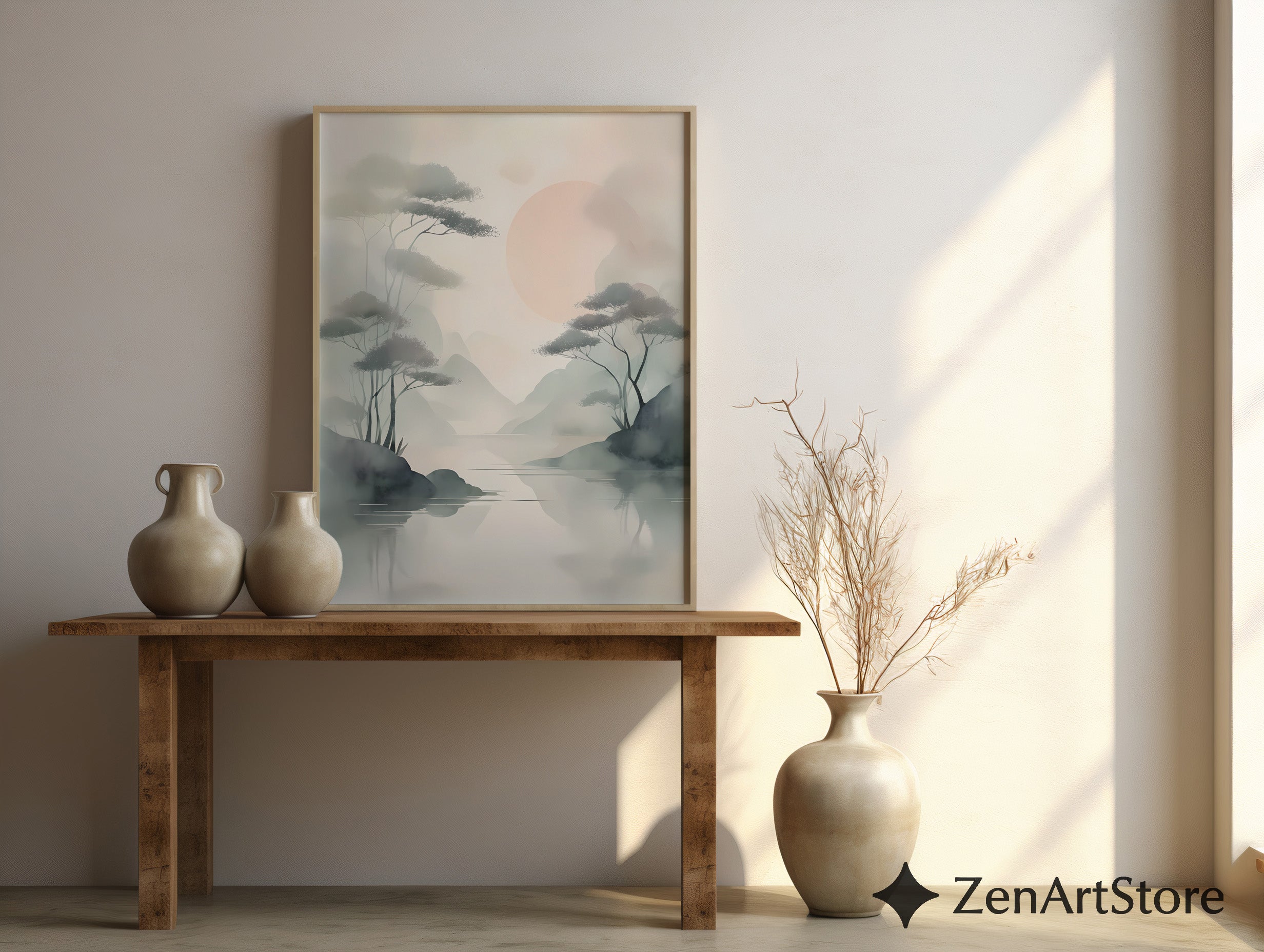 Misty Zen Landscape Print - Minimal Japandi Wall Art with Blush Sun and Tree Reflections - Wabi Sabi Neutral Home Decor