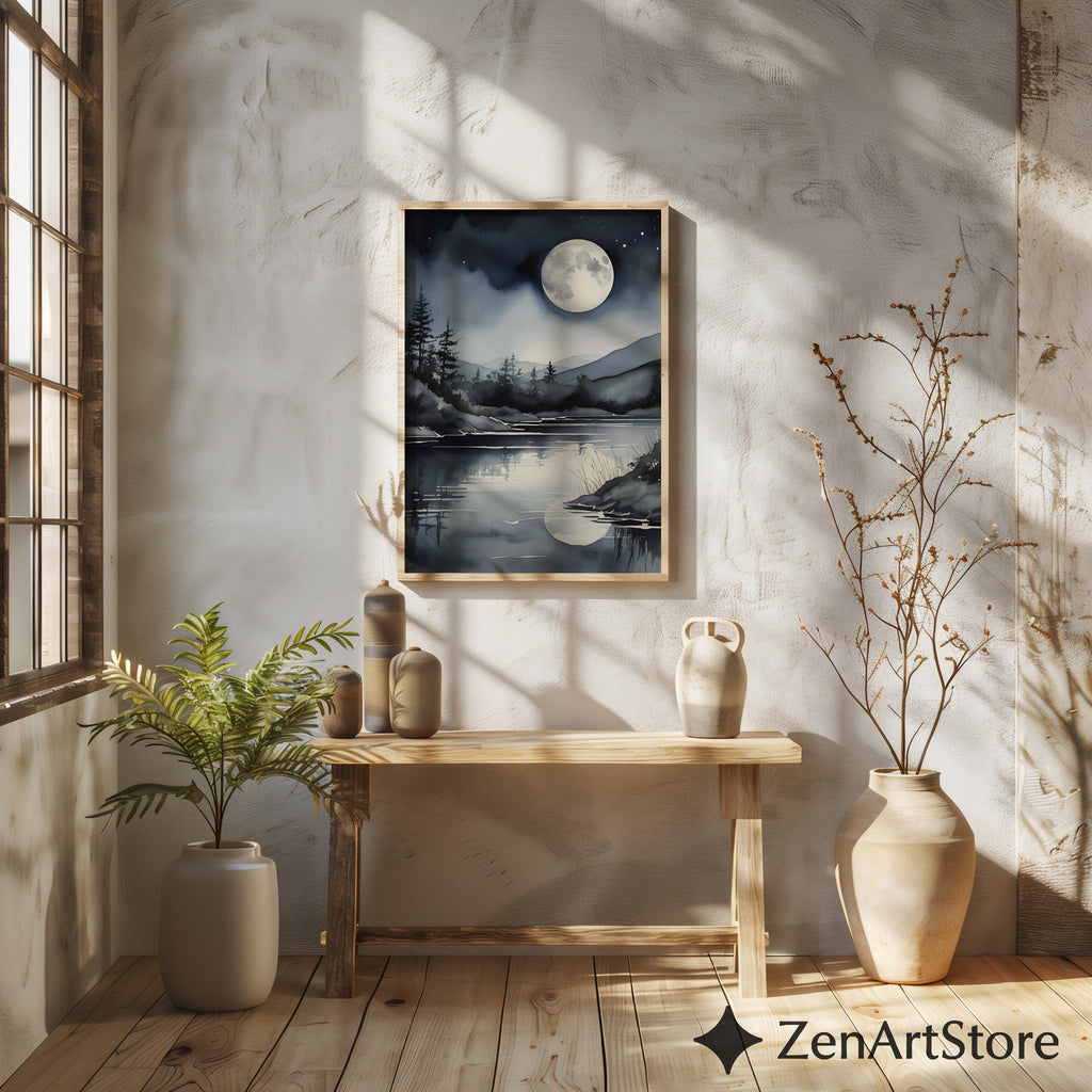 Moonlight Lake Watercolor Print - Night Sky Reflection Wall Art, Minimal Scandinavian Moon Landscape for Bedroom