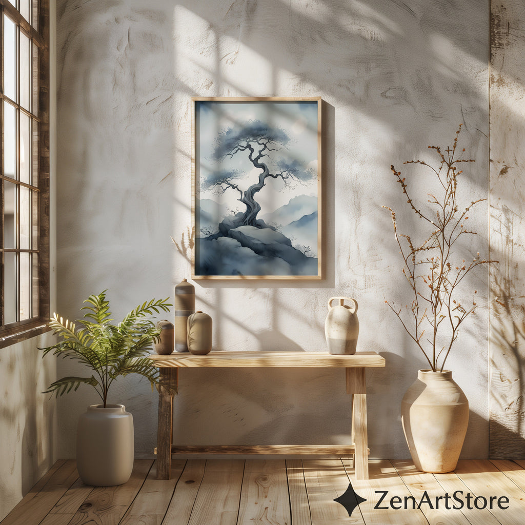 Misty Bonsai Tree Wall Art – Minimal Zen Landscape Print, Japandi Neutral Canvas or Printable for Living Room