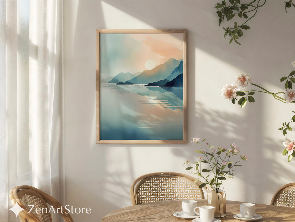 Minimalist Mountain Lake Sunrise Wall Art - Calming Japandi Landscape Print in Neutral Blue & Beige