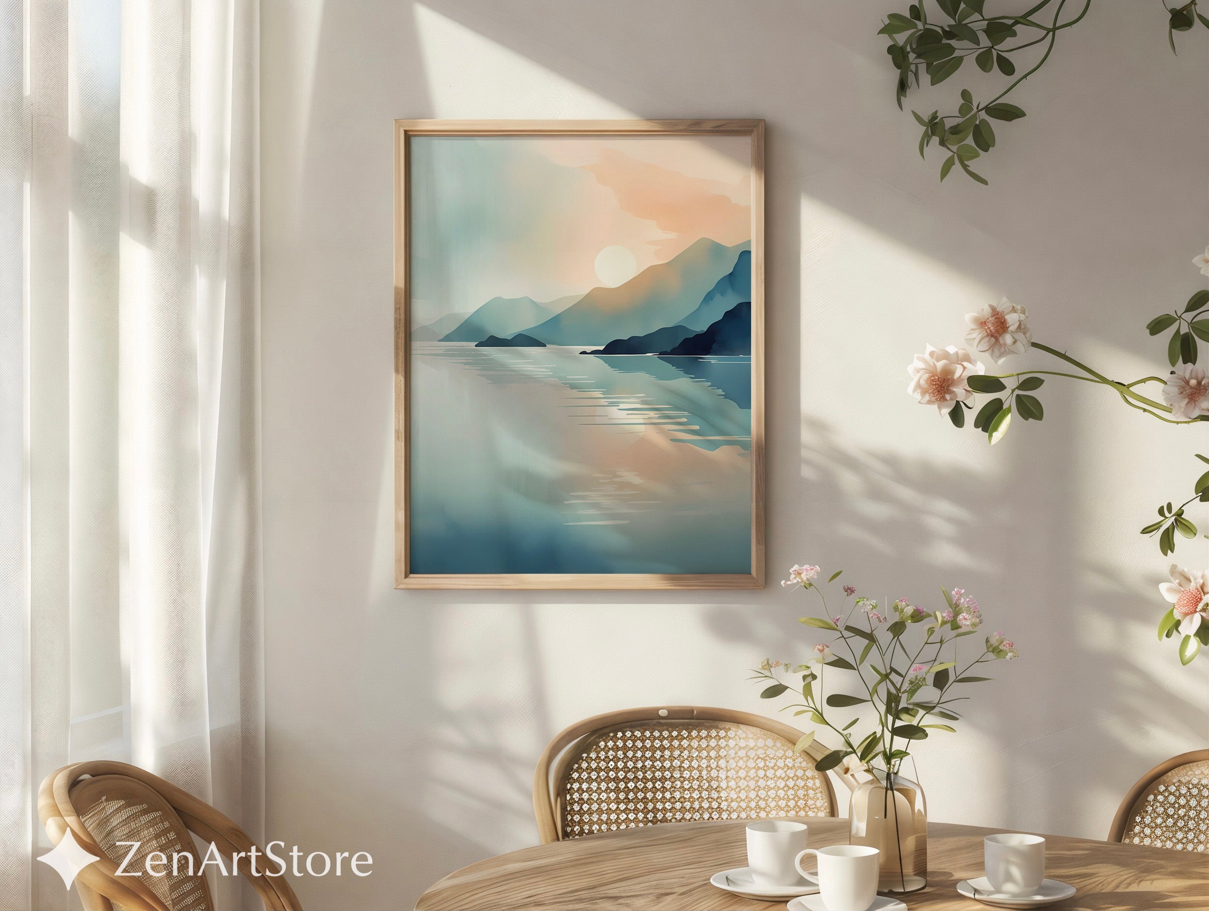 Minimalist Mountain Lake Sunrise Wall Art - Calming Japandi Landscape Print in Neutral Blue & Beige