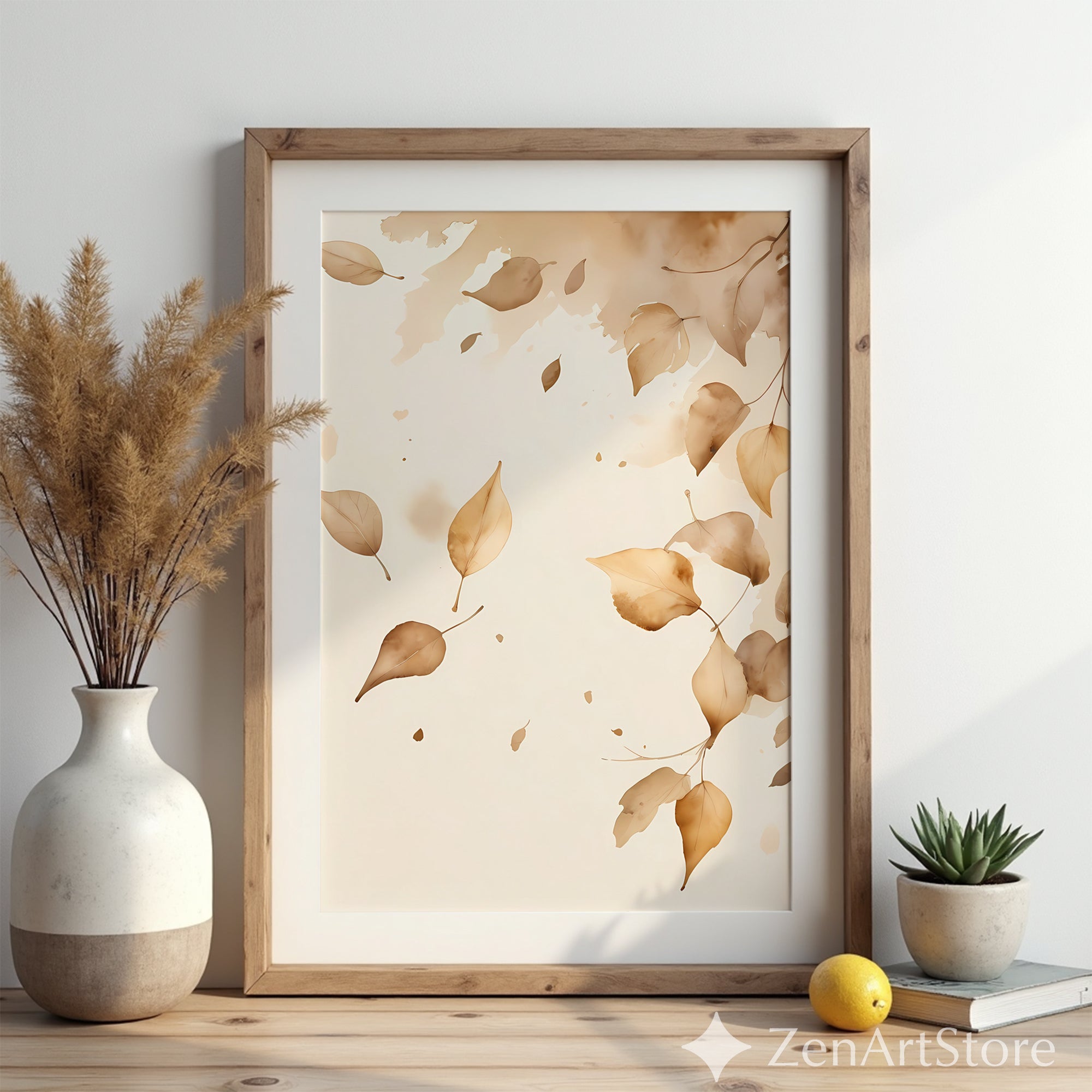 Neutral Watercolor Leaves Wall Art - Beige Autumn Botanical Print, Minimal Japandi Scandi Home Decor Calm Wabi Sabi Printable