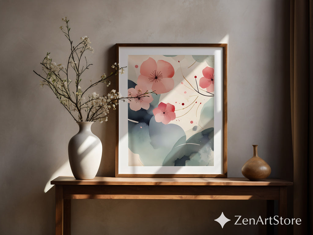 Zen Sakura Abstract Printable Wall Art - Minimal Japanese Cherry Blossom Calm Poster