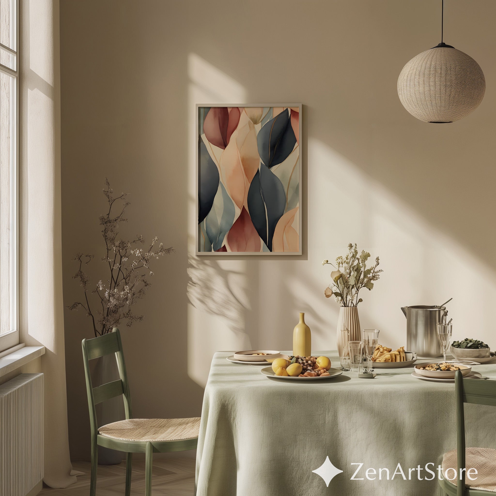 Abstract Botanical Leaf Art Print - Neutral Beige Blush Navy Wall Decor - Japandi Minimalist Modern Home Decor