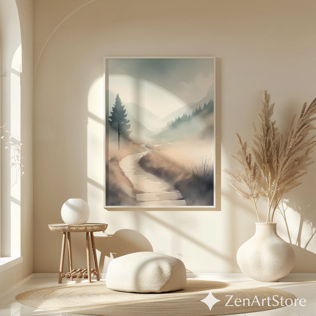 Misty Valley Path Print — Neutral Minimal Landscape Art for Japandi, Wabi Sabi Home Decor