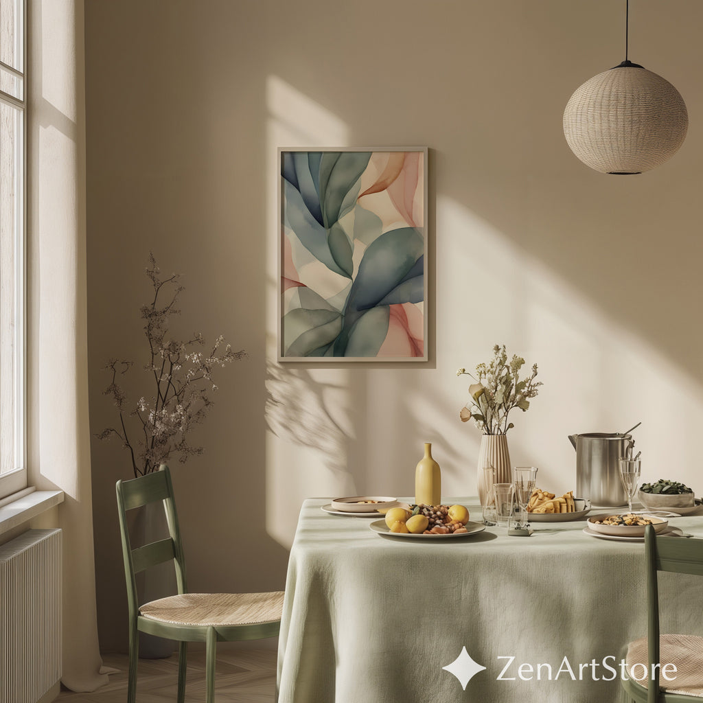 Abstract Botanical Leaf Wall Art - Neutral Japandi Minimalist Pastel Print for Living Room Bedroom Nursery