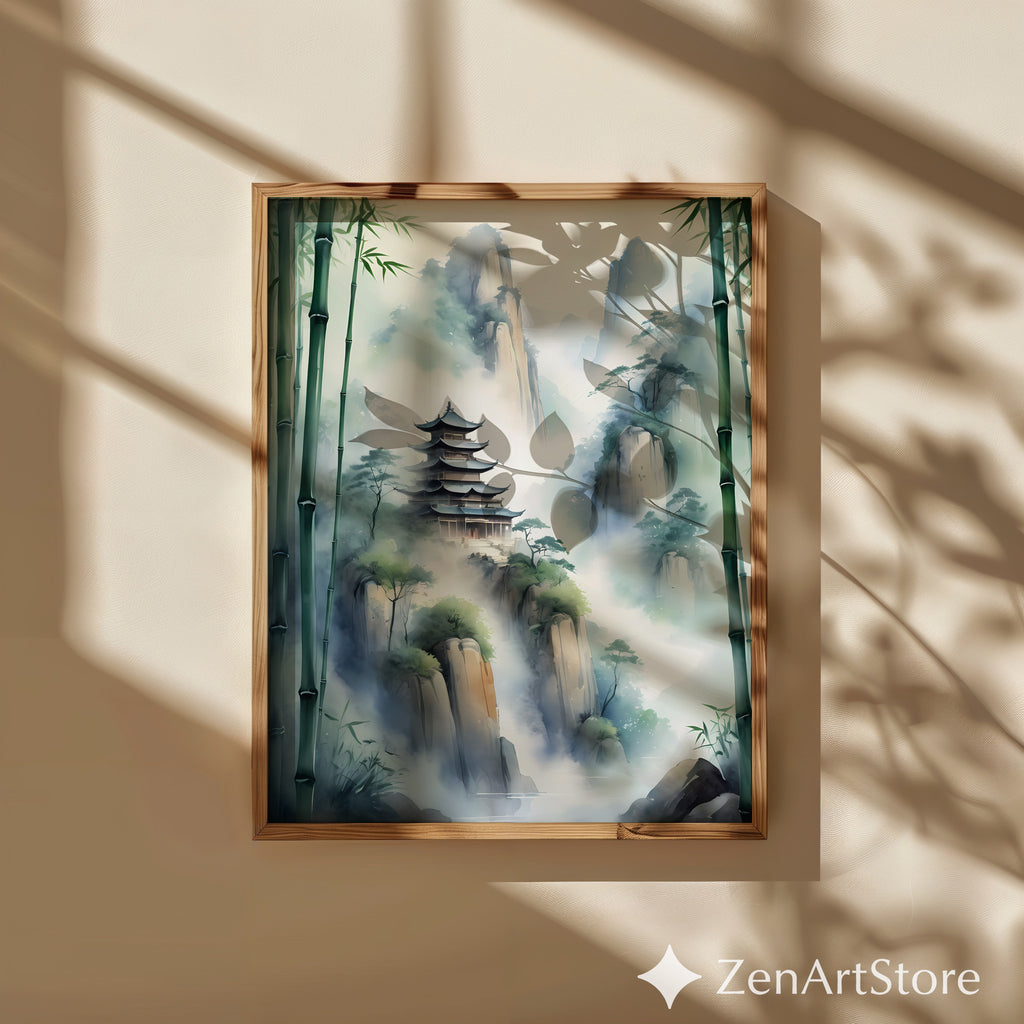 Misty Mountain Pagoda Wall Art - Zen Bamboo Landscape Print, Japandi Minimal Home Decor