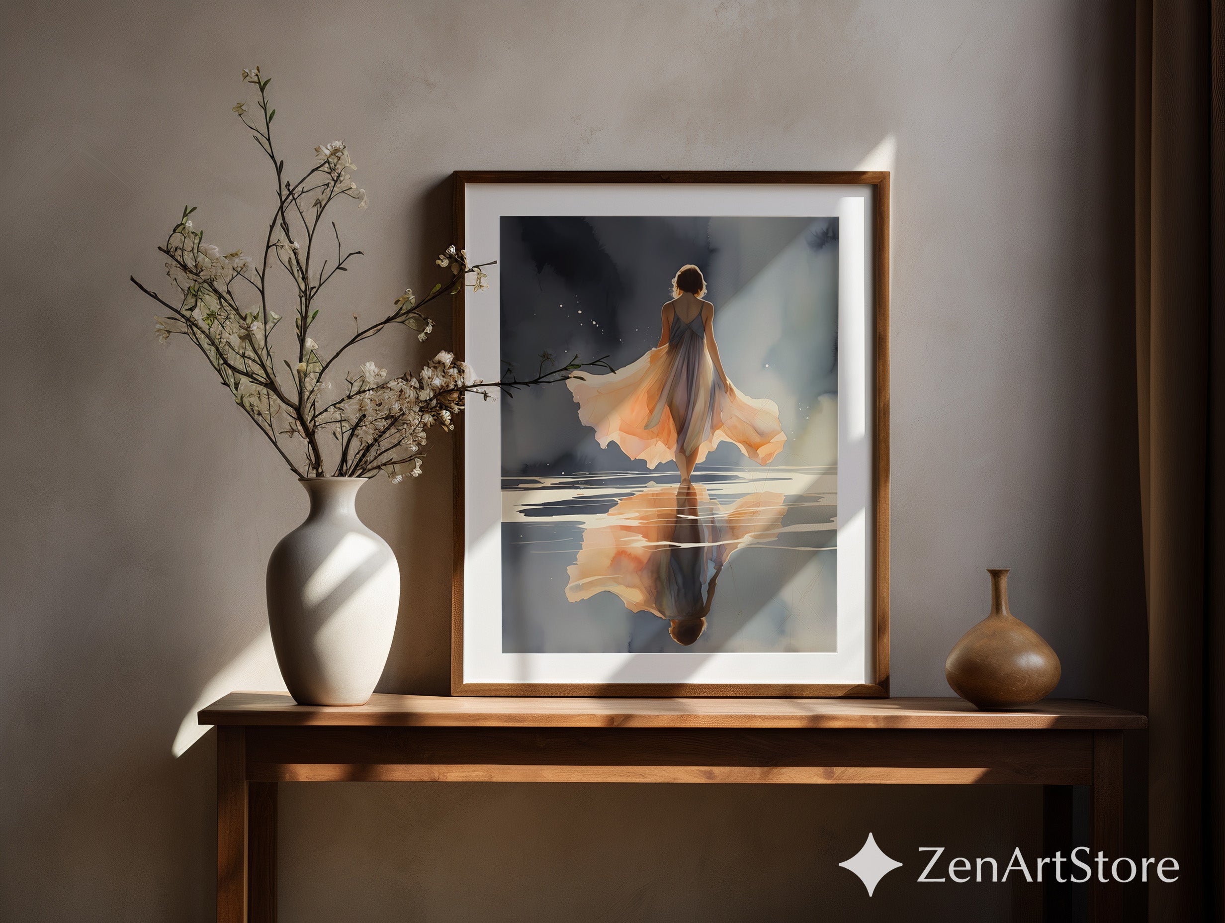 Ethereal Woman Walking on Water Art Print - Peach Reflection Minimal Zen Wall Art for Bedroom & Living Room