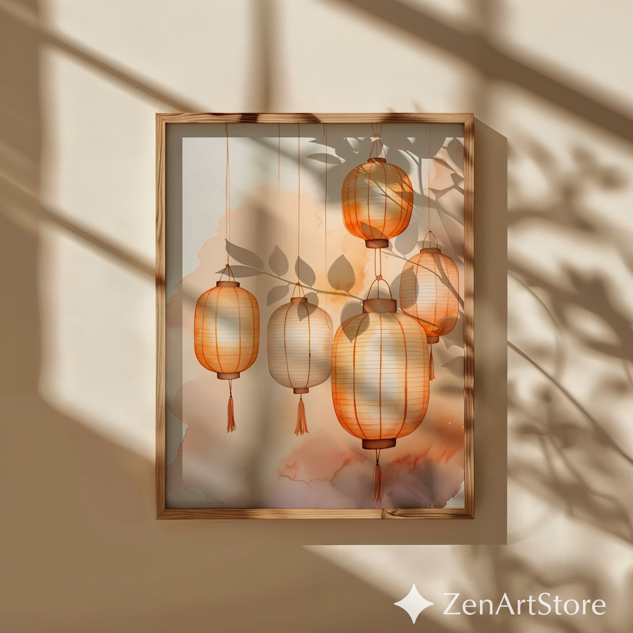 Orange Paper Lantern Wall Art - Minimal Watercolor Lantern Print, Japandi Zen Beige Home Decor