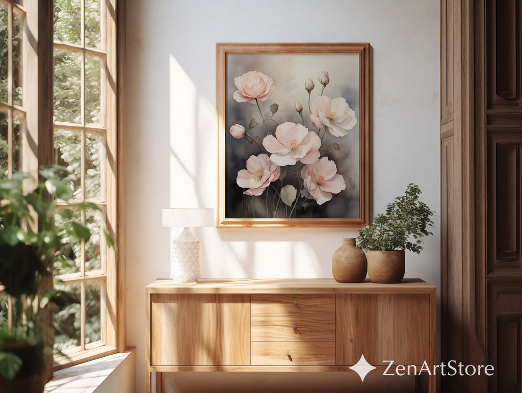 Blush Pink Poppies Floral Wall Art Print - Minimal Botanical Print, Neutral Scandinavian Japandi Home Decor