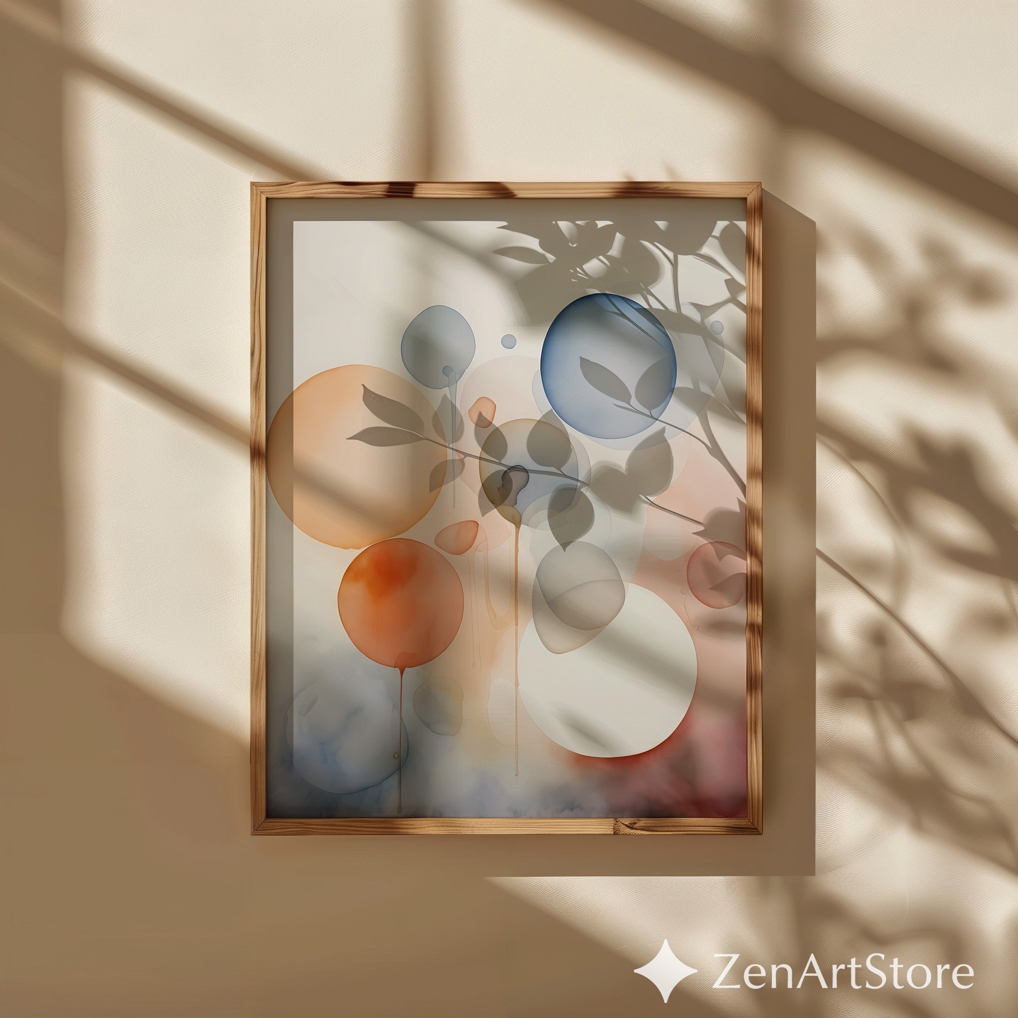 Minimalist Abstract Circles Art - Neutral Watercolor Wall Art in Beige Blue Orange for Japandi Scandinavian Boho Home Decor