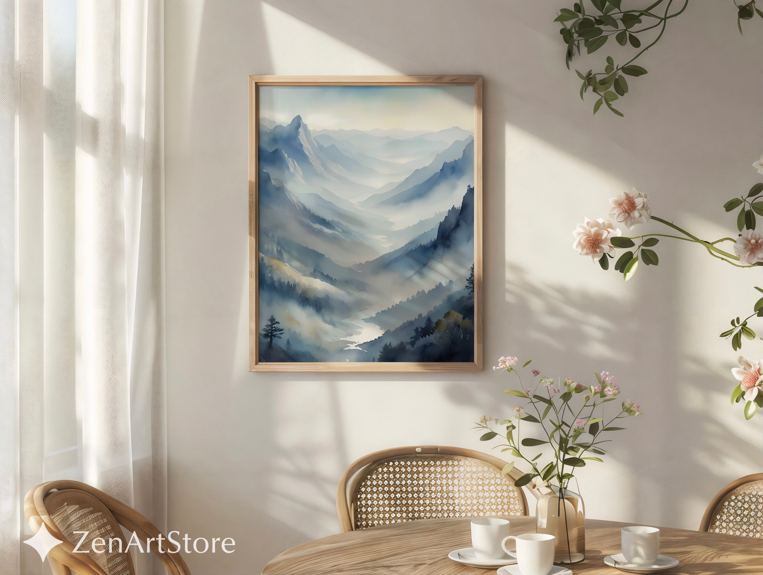 Misty Mountain Valley Wall Art Print - Serene Blue Grey Landscape, Minimalist Japandi Scandinavian Home Decor, Foggy Nature Print