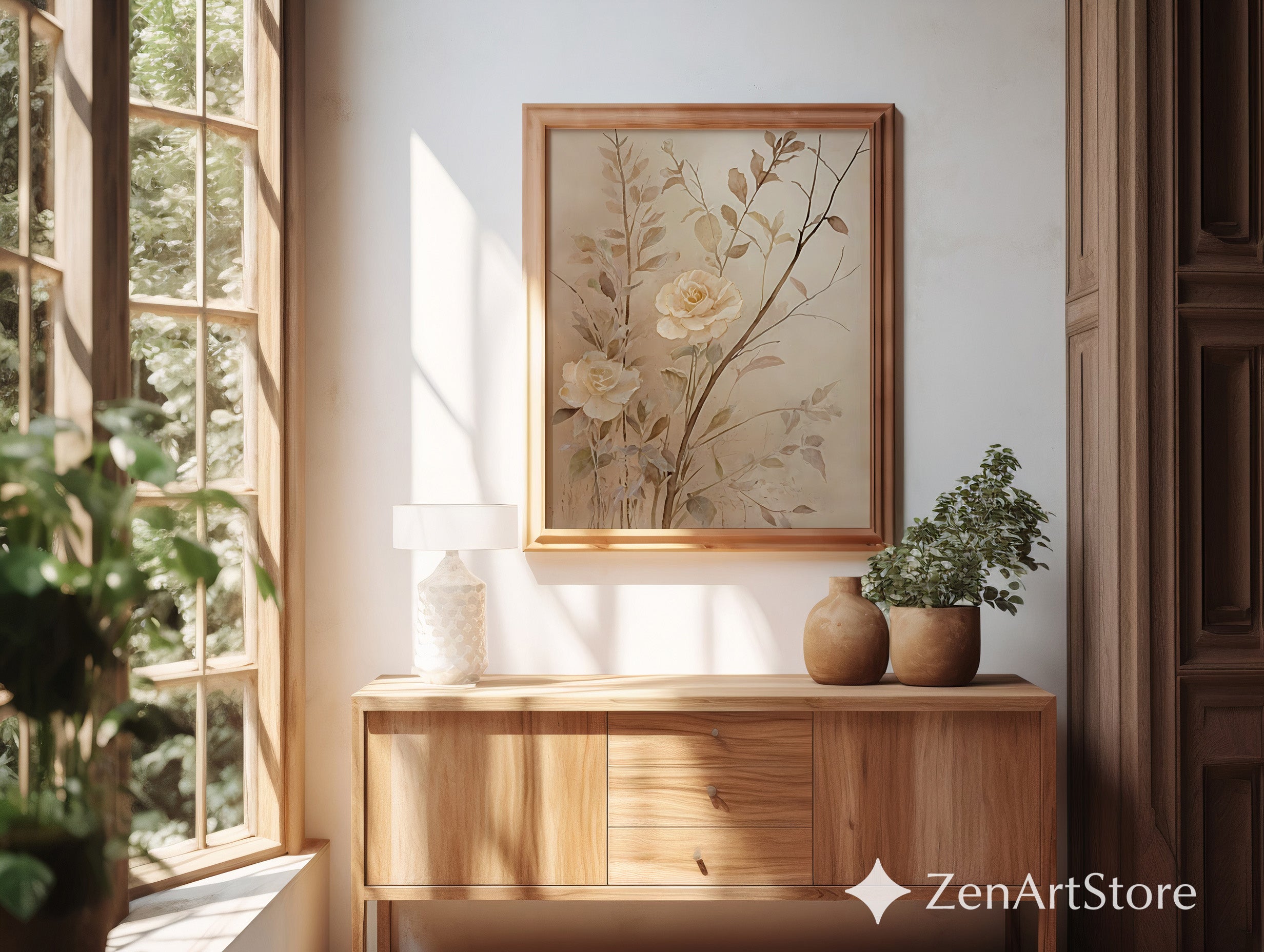 Neutral Botanical Rose Wall Art - Beige Minimalist Floral Print for Living Room, Bedroom, Japandi Wabi Sabi Home Decor