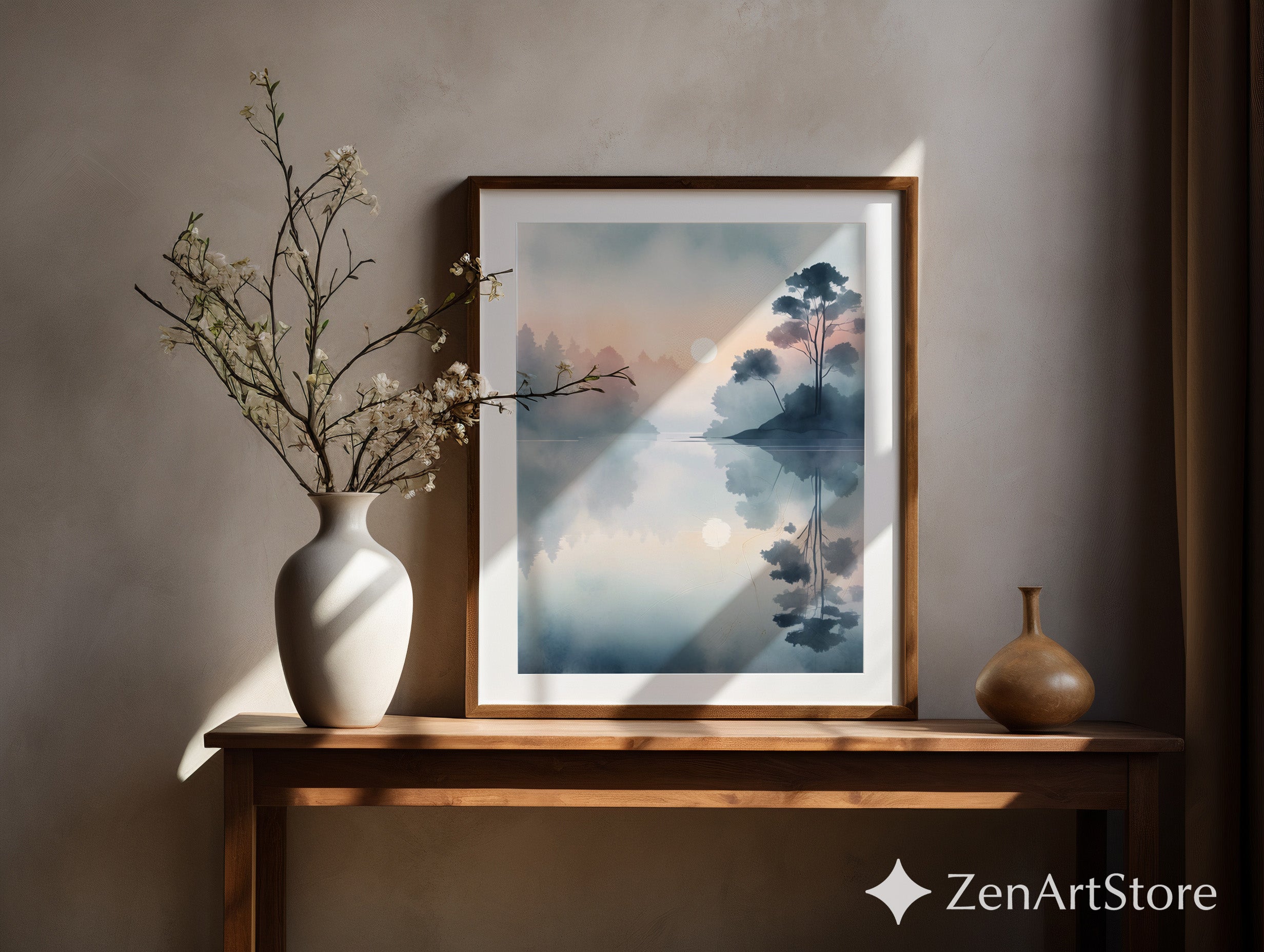 Misty Lake Sunrise Minimal Landscape Print - Calm Japandi Wall Art, Neutral Scandinavian Reflection
