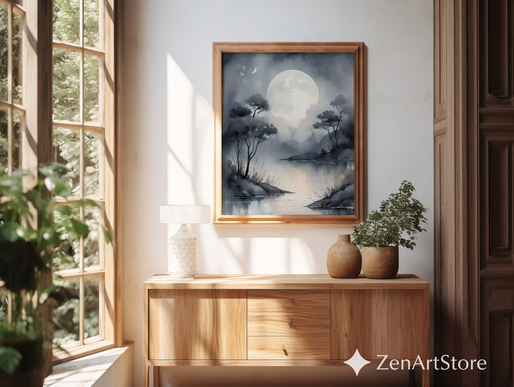 Moonlit Lake Wall Art Print - Serene Minimalist Moon Landscape, Grayscale Japandi Zen Home Decor
