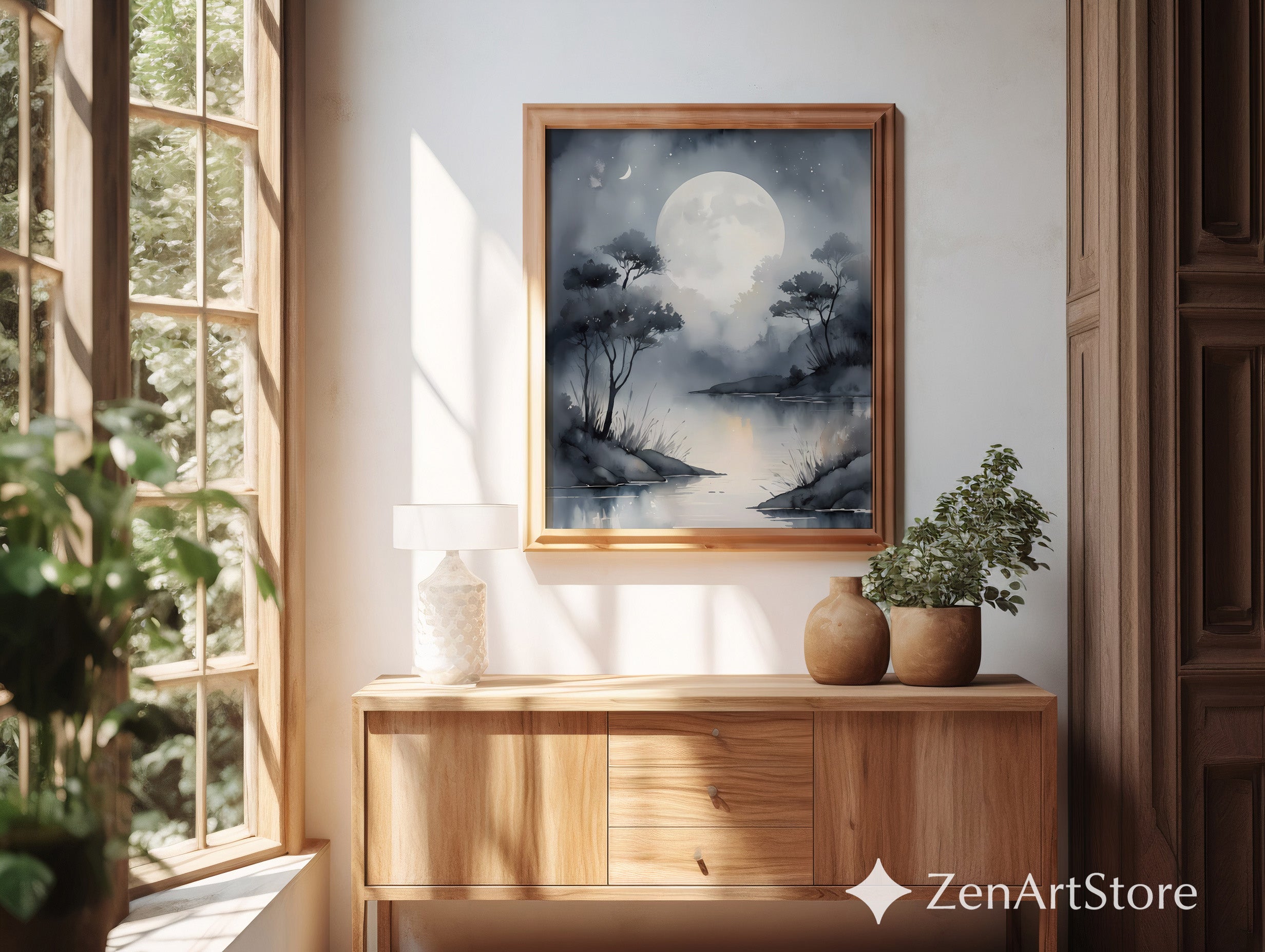 Moonlit Lake Wall Art Print - Serene Minimalist Moon Landscape, Grayscale Japandi Zen Home Decor