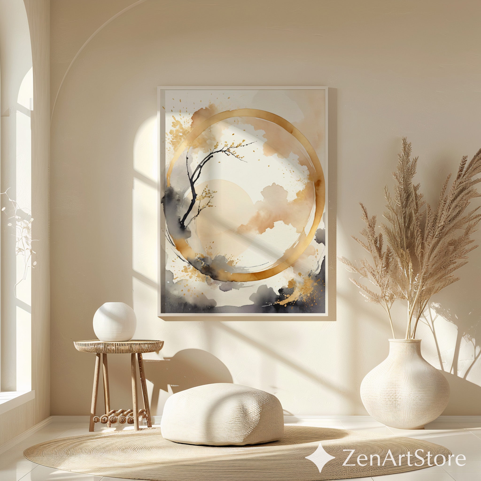 Abstract Zen Gold Circle Wall Art - Minimal Japandi Neutral Print Beige Black Botanical Landscape