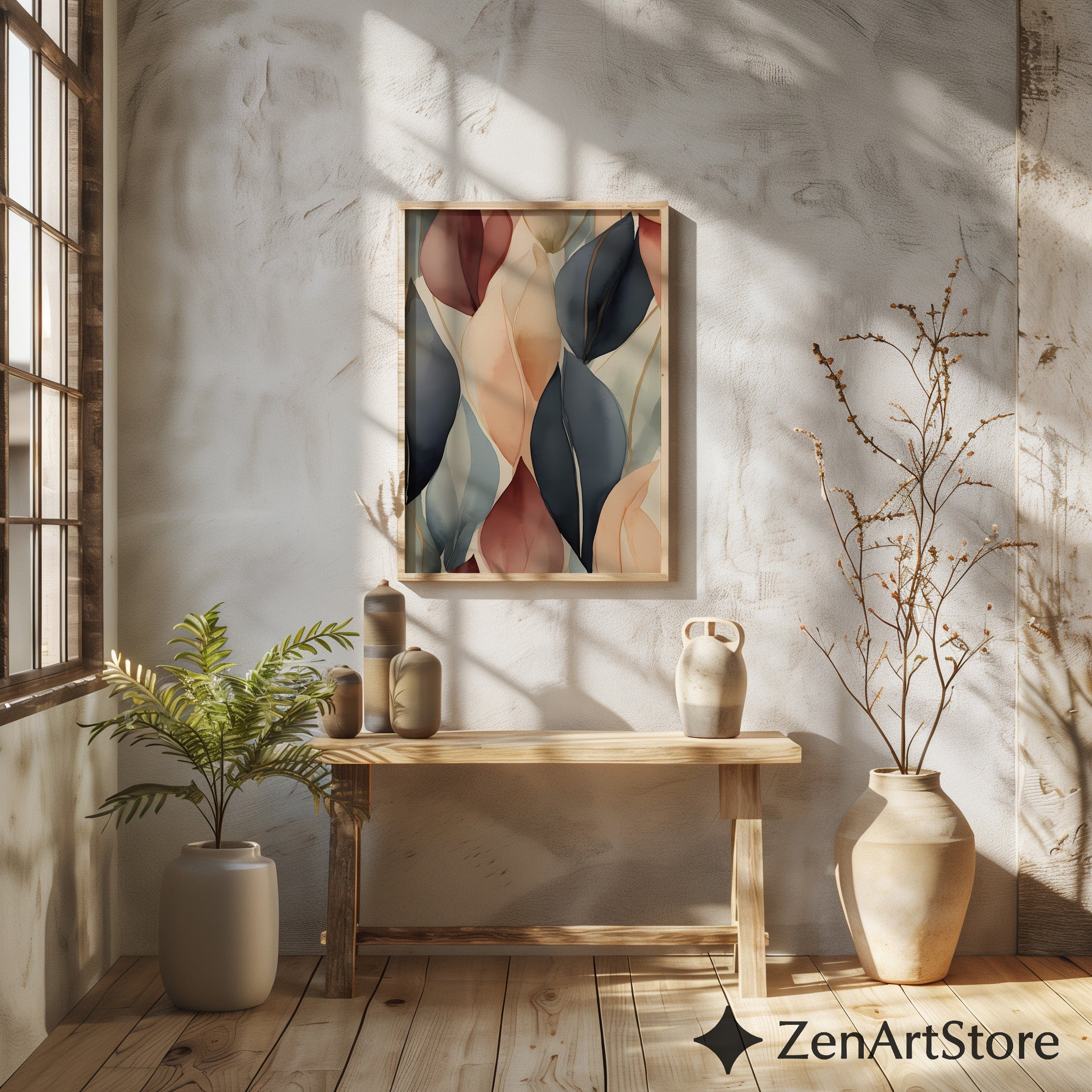 Abstract Botanical Leaf Art Print - Neutral Beige Blush Navy Wall Decor - Japandi Minimalist Modern Home Decor