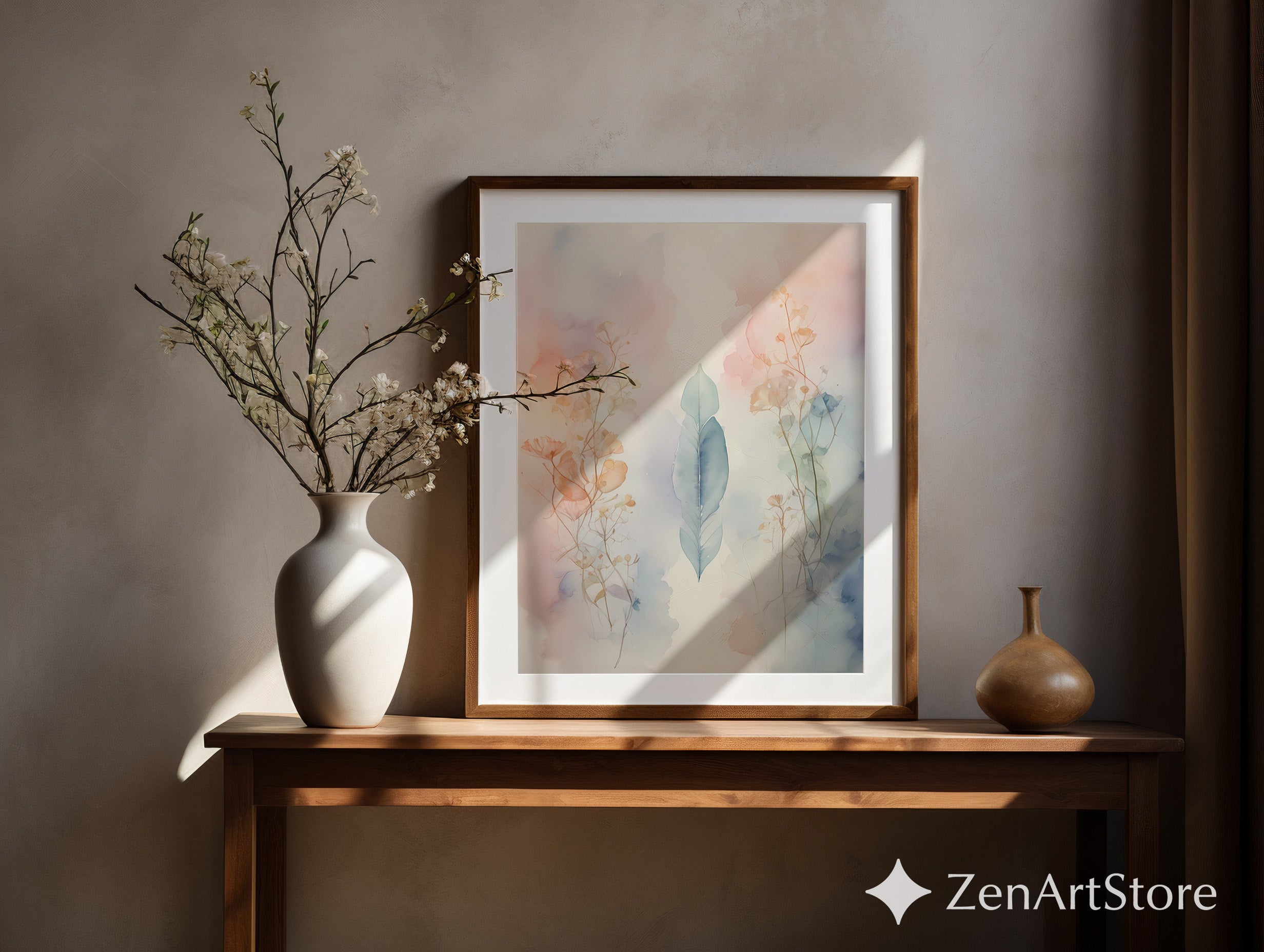 Pastel Botanical Watercolor Feather Print - Minimal Zen Japandi Wall Art, Soft Blush Blue Neutral Home Decor