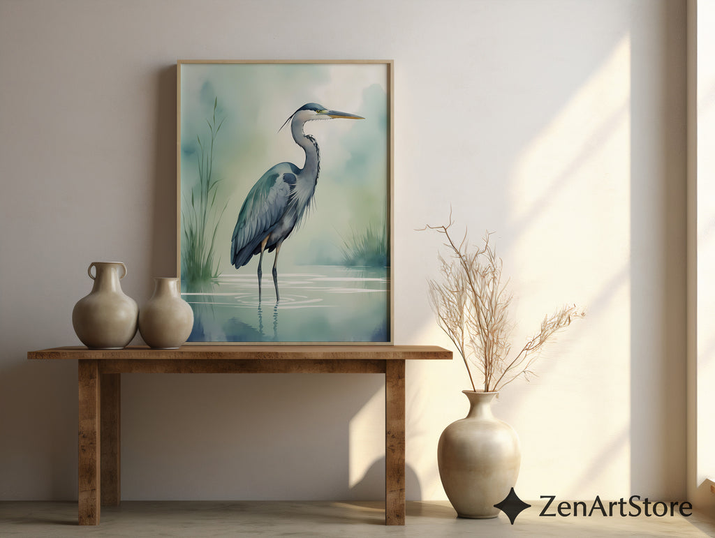 Tranquil Heron Wall Art - Minimal Blue Heron Print, Zen Coastal Nursery Decor, Japandi Nature Wall Decor