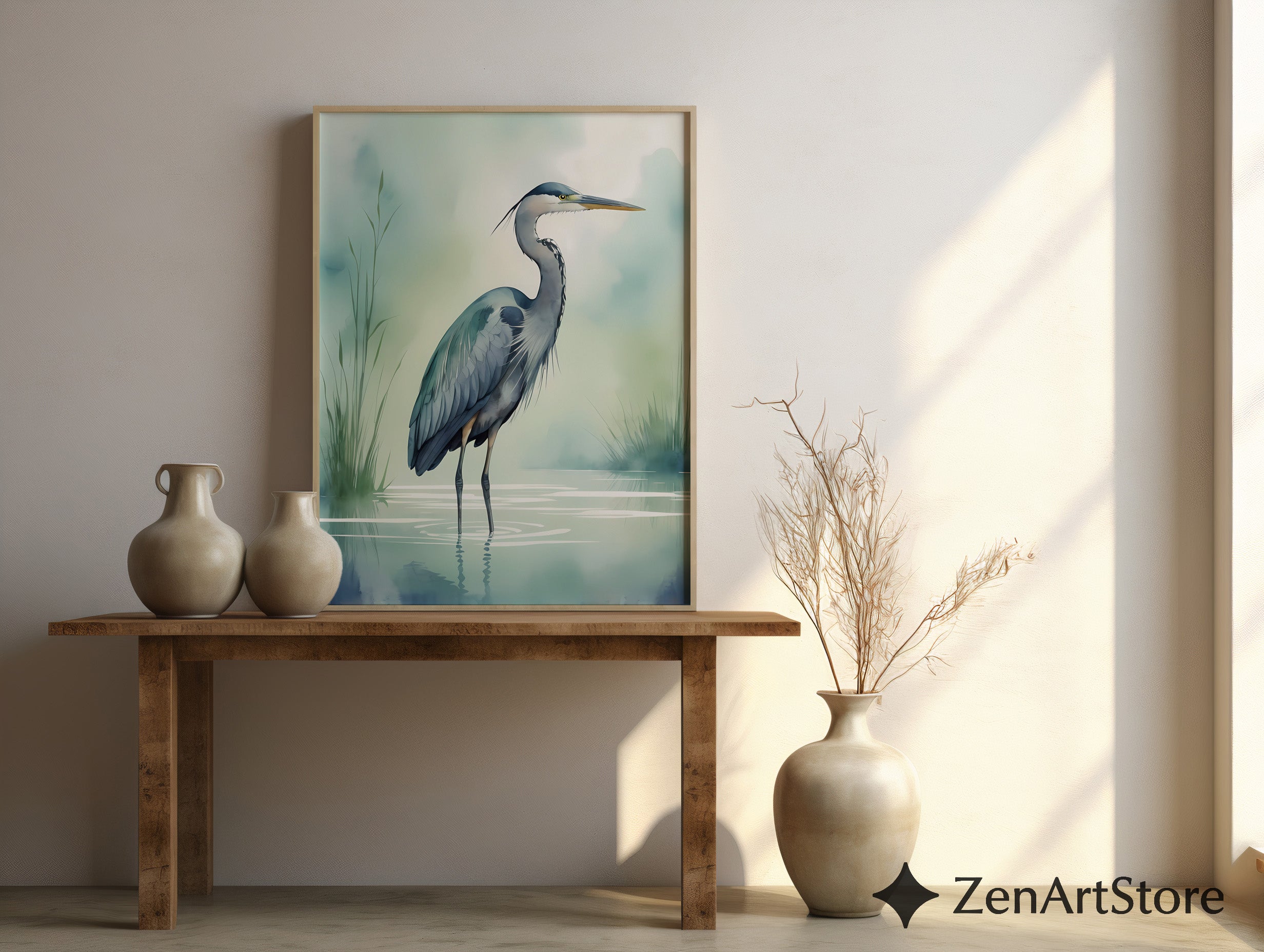 Tranquil Heron Wall Art - Minimal Blue Heron Print, Zen Coastal Nursery Decor, Japandi Nature Wall Decor
