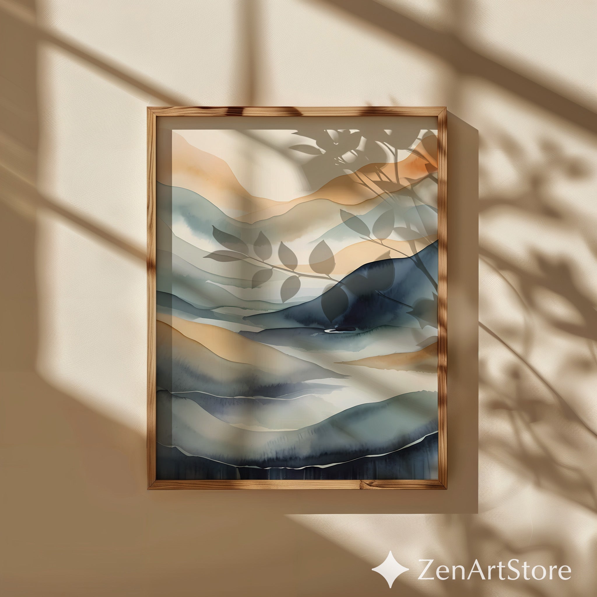 Muted Watercolor Mountain Print – Minimal Abstract Landscape Wall Art, Neutral Japandi Zen Decor for Living Room & Bedroom