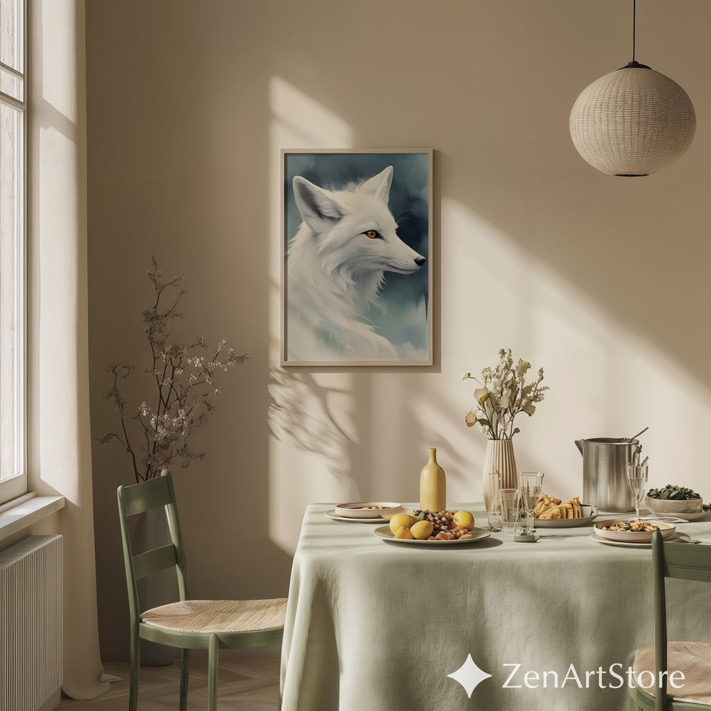 White Fox Wall Art - Minimal Arctic Fox Print, Scandinavian Zen Animal Portrait for Modern Home Decor