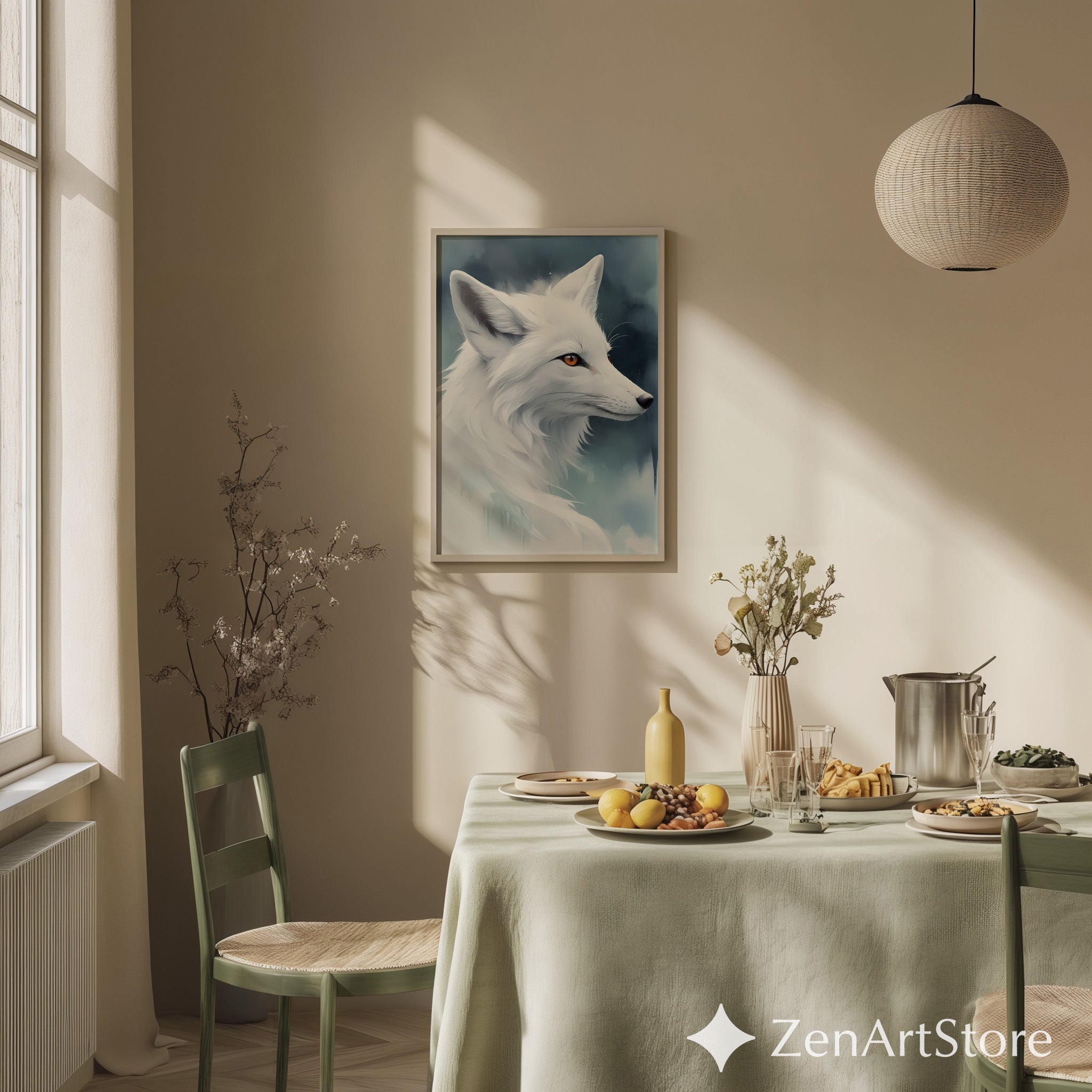 White Fox Wall Art - Minimal Arctic Fox Print, Scandinavian Zen Animal Portrait for Modern Home Decor