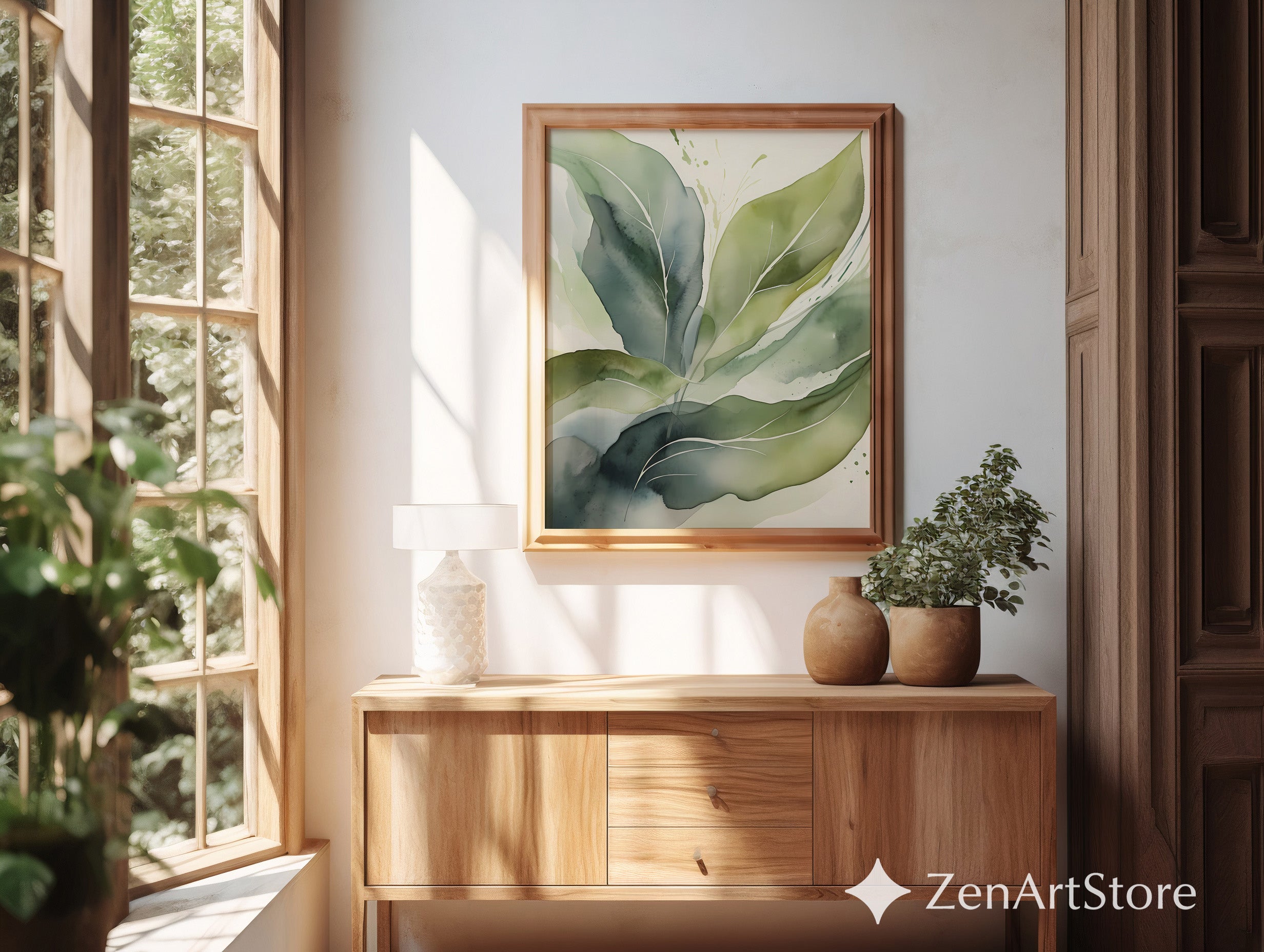 Calm Green Botanical Art Print - Watercolor Leaves Wall Art, Minimal Japandi Scandinavian Home Decor, Neutral Sage Olive Printable