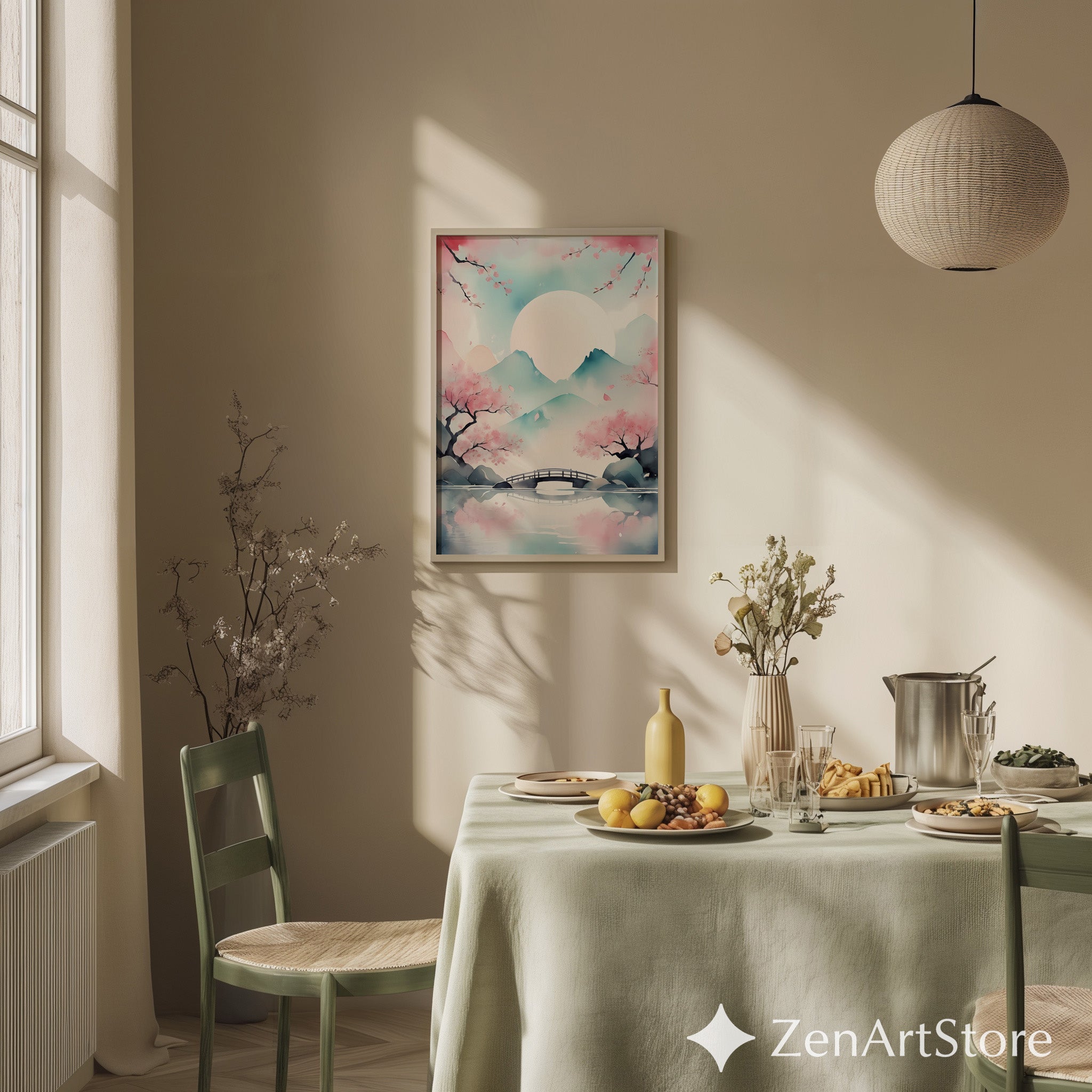 Sakura Moon Watercolor Print - Japanese Cherry Blossom Bridge Wall Art, Pastel Zen Landscape, Japandi Minimal Home Decor