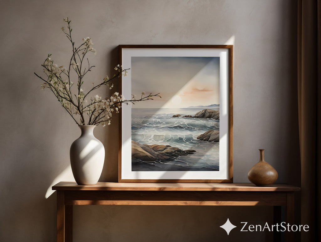 Minimal Coastal Seascape Print - Serene Ocean Waves & Rocky Shore | Neutral Beige Blue Japandi Wall Art for Calm Home Decor