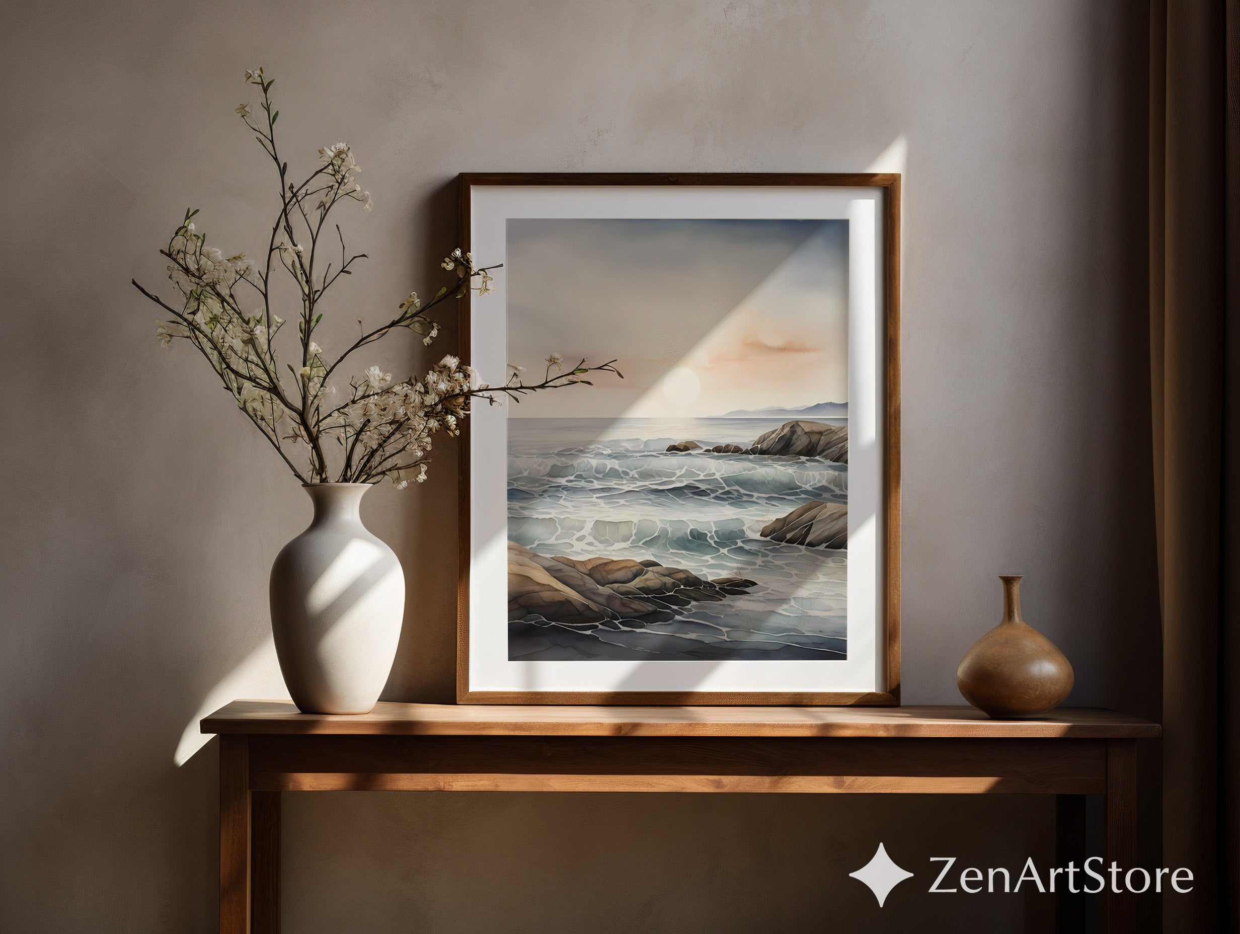 Minimal Coastal Seascape Print - Serene Ocean Waves & Rocky Shore | Neutral Beige Blue Japandi Wall Art for Calm Home Decor