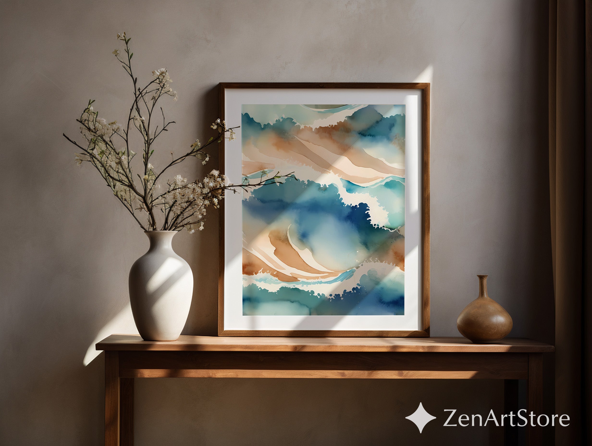 Abstract Ocean Waves Watercolor Print - Blue Beige Coastal Wall Art, Modern Japandi Zen Decor for Living Room & Bedroom