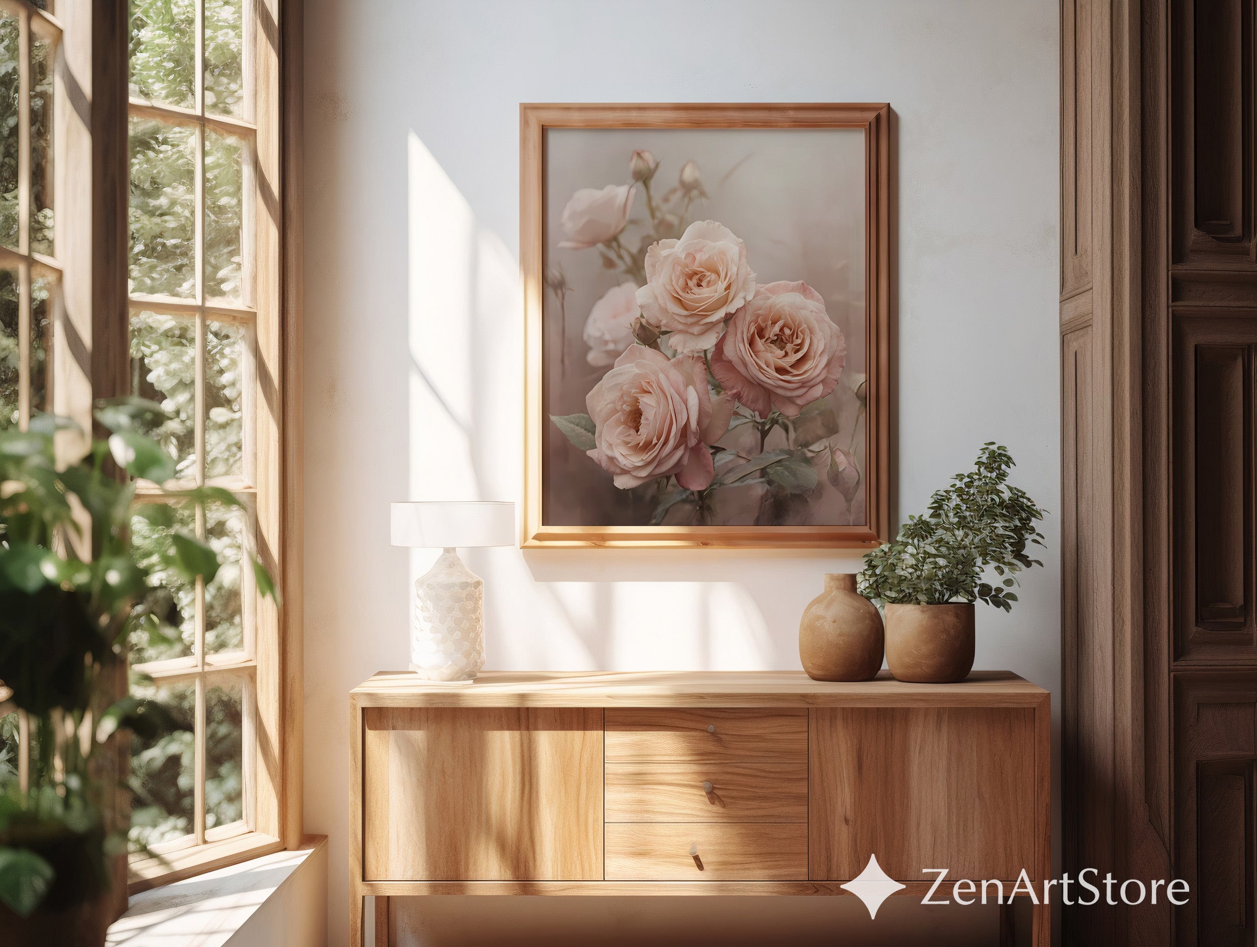 Blush Roses Wall Art, Soft Pink Floral Print for Neutral Home Decor, Botanical Rose Poster for Bedroom Living Room Nursery, Wabi Sabi Japandi