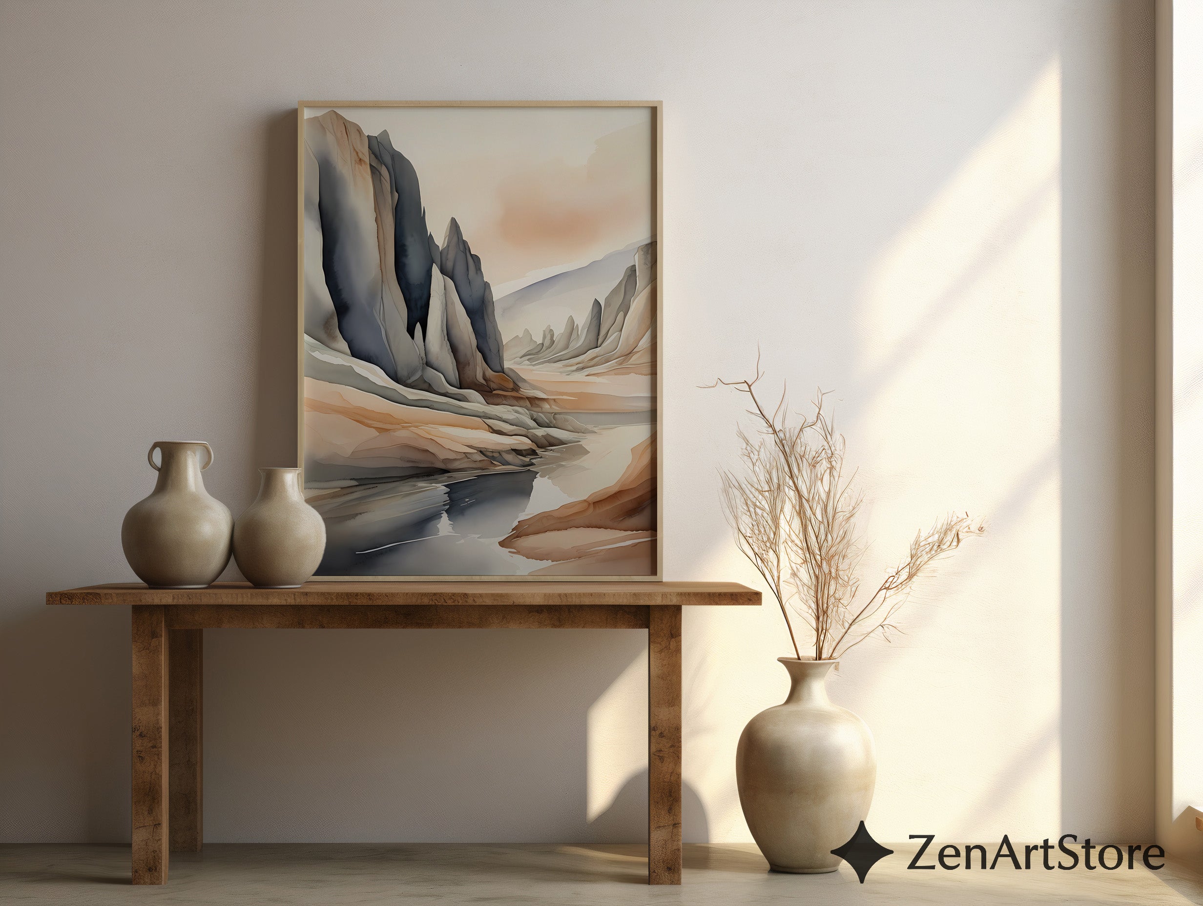 Neutral Abstract Landscape Art Print — Japandi Minimalist Mountain Wall Art, Beige & Slate Home Decor