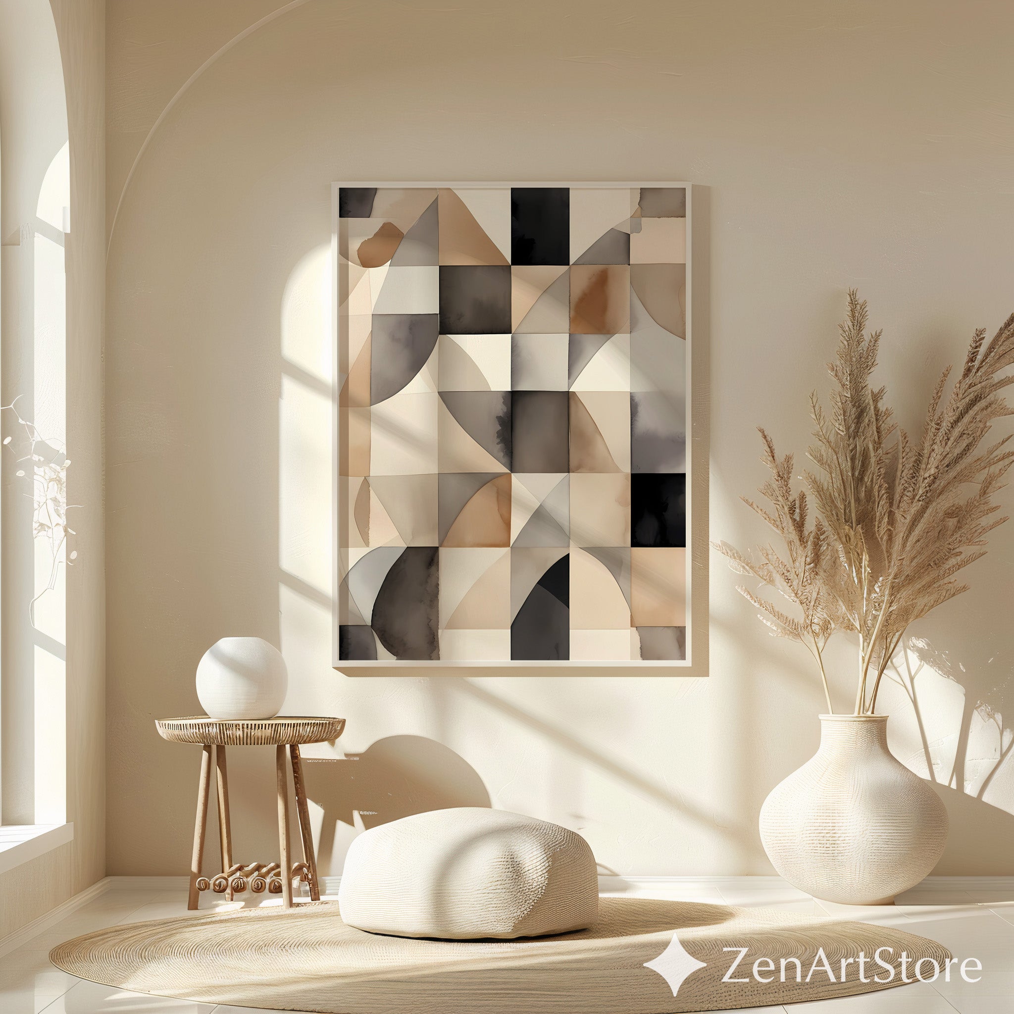 Neutral Geometric Abstract Art Print - Beige Brown Black Minimal Japandi Wabi Sabi Wall Decor