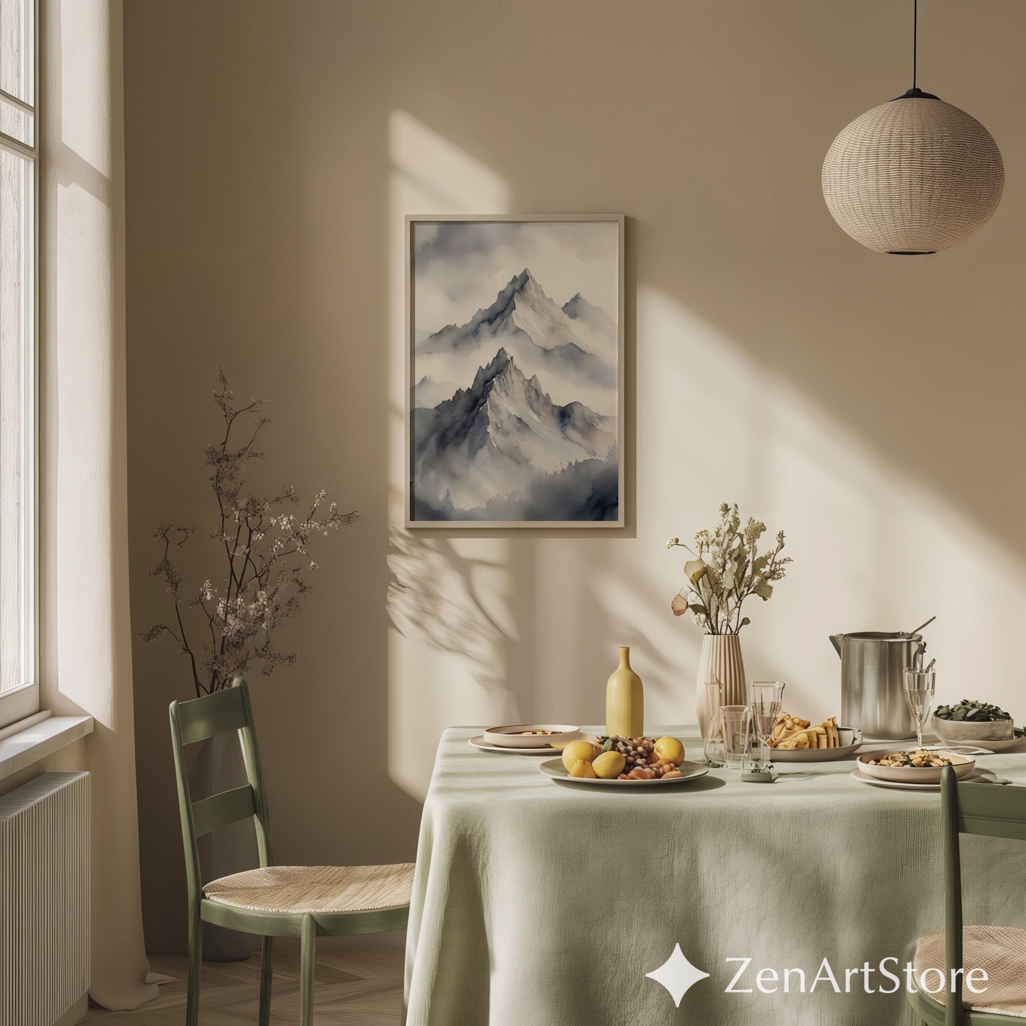 Misty Mountain Watercolor Print - Minimal Neutral Mountain Wall Art, Zen Japandi Scandinavian Landscape for Calm Home Decor