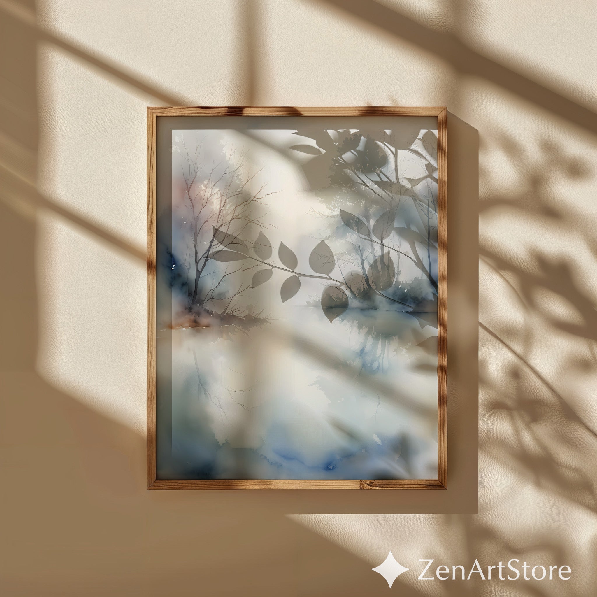 Misty Lake Watercolor Print - Neutral Zen Landscape Wall Art for Living Room, Japandi Minimalist Home Decor