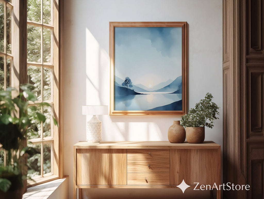Calm Blue Lake Landscape Print - Minimal Sunrise Wall Art for Scandinavian Japandi Home Decor