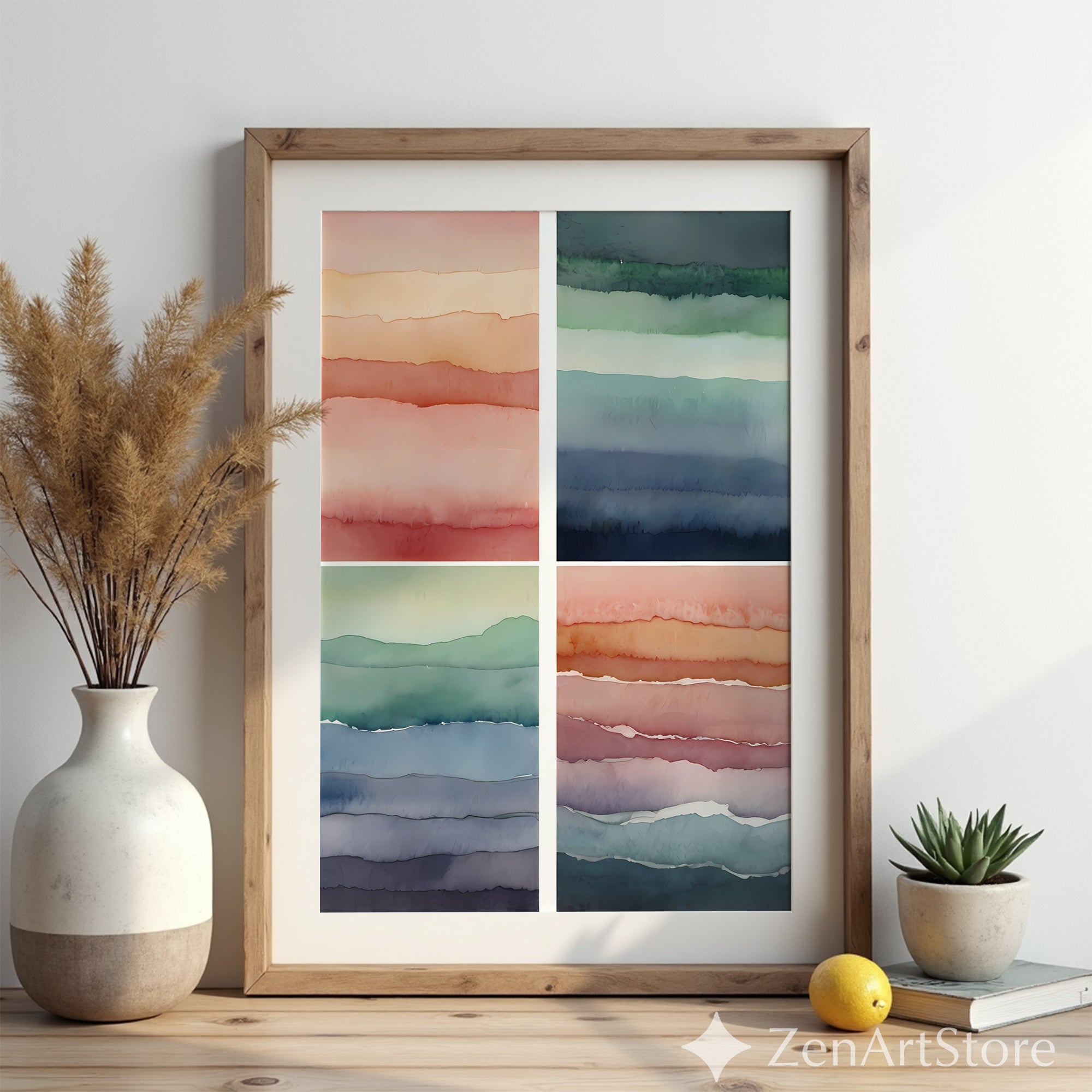 Abstract Watercolor Wall Art Set of 4 – Minimal Layered Landscapes, Neutral Japandi Boho Prints for Living Room & Bedroom, Printable Digital Download