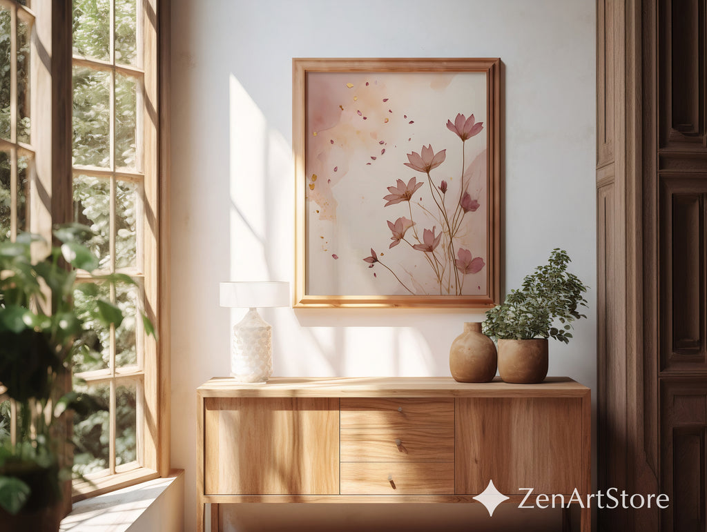 Blush Floral Wall Art Print - Minimal Botanical Line Art, Neutral Japandi Home Decor, Pink Beige Abstract Flower Poster