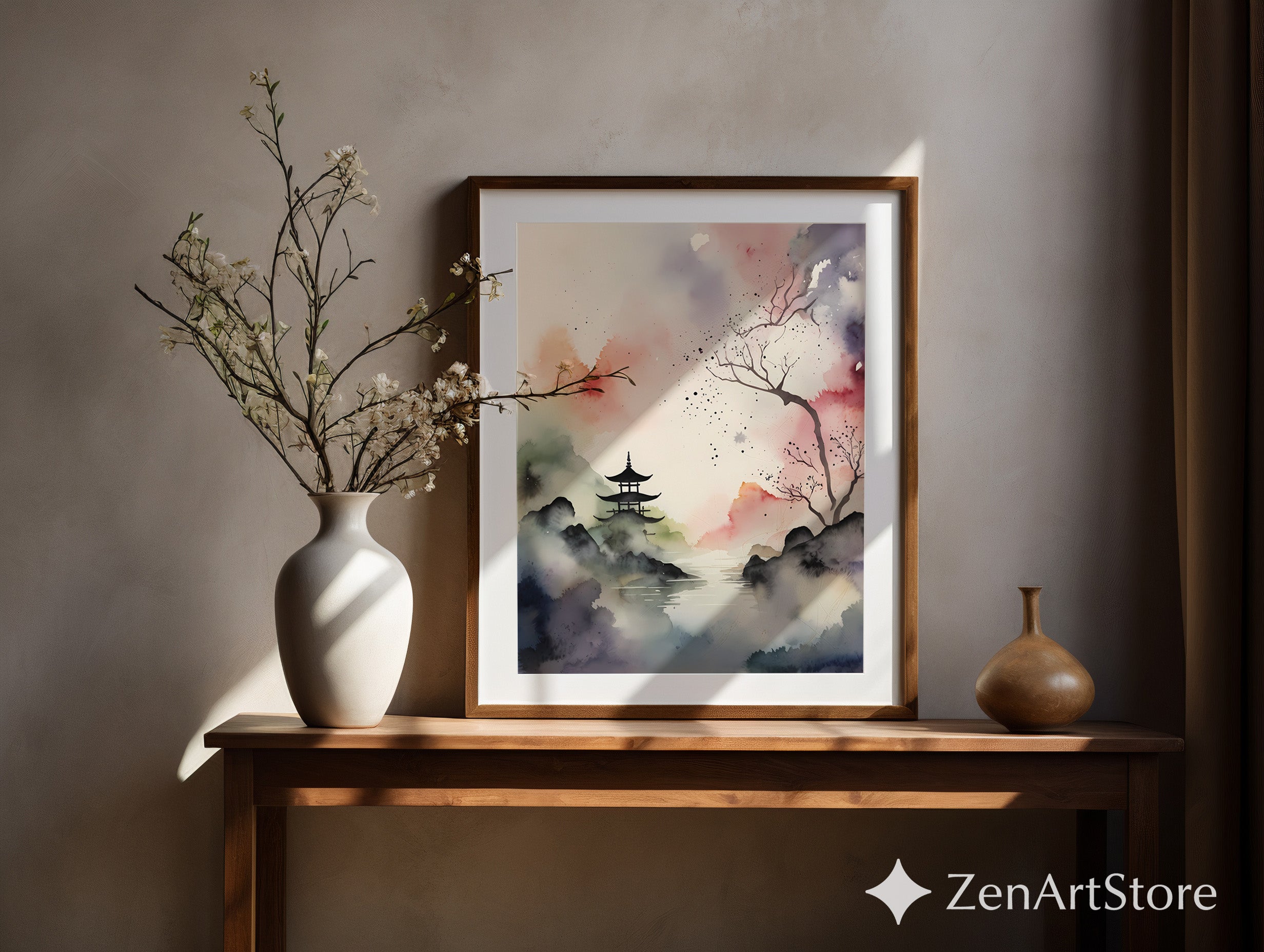 Japanese Watercolor Pagoda Print - Zen Mist Landscape Wall Art, Minimal Japandi Neutral Home Decor