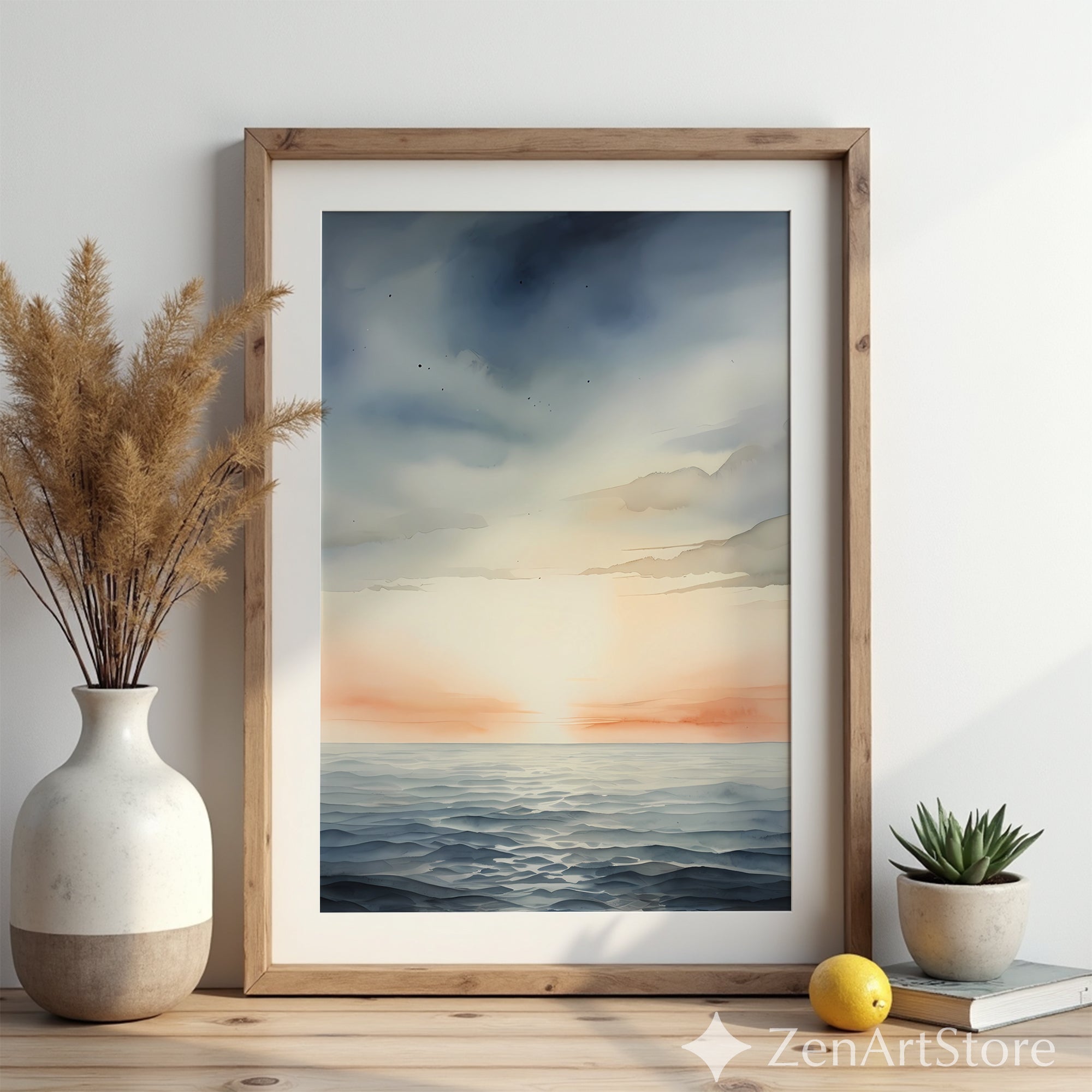 Minimal Seascape Wall Art Calm Ocean Sunset Watercolor Print Neutral Coastal Japandi Decor