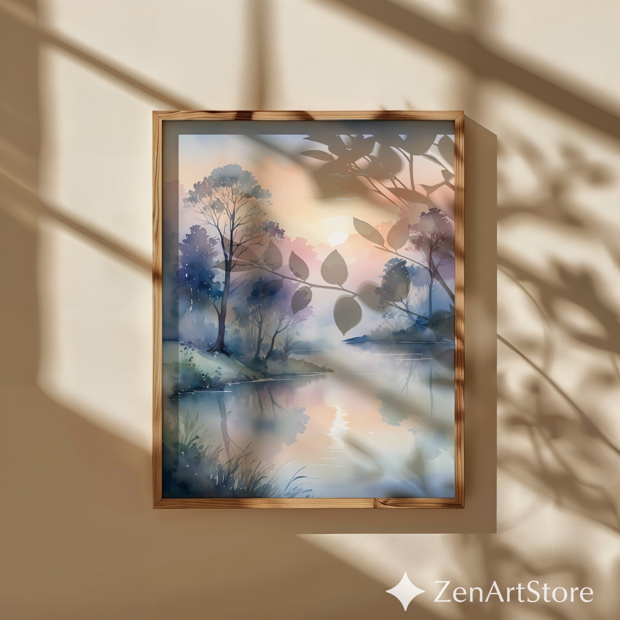 Misty Sunrise Lake Watercolor Print – Calm Pastel Landscape Wall Art for Bedroom, Living Room, Japandi & Scandinavian Home Decor