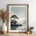 Zen Minimalist Landscape Print Lone Pine on Rocks - Japandi Scandinavian Wall Art Neutral Calm Home Decor